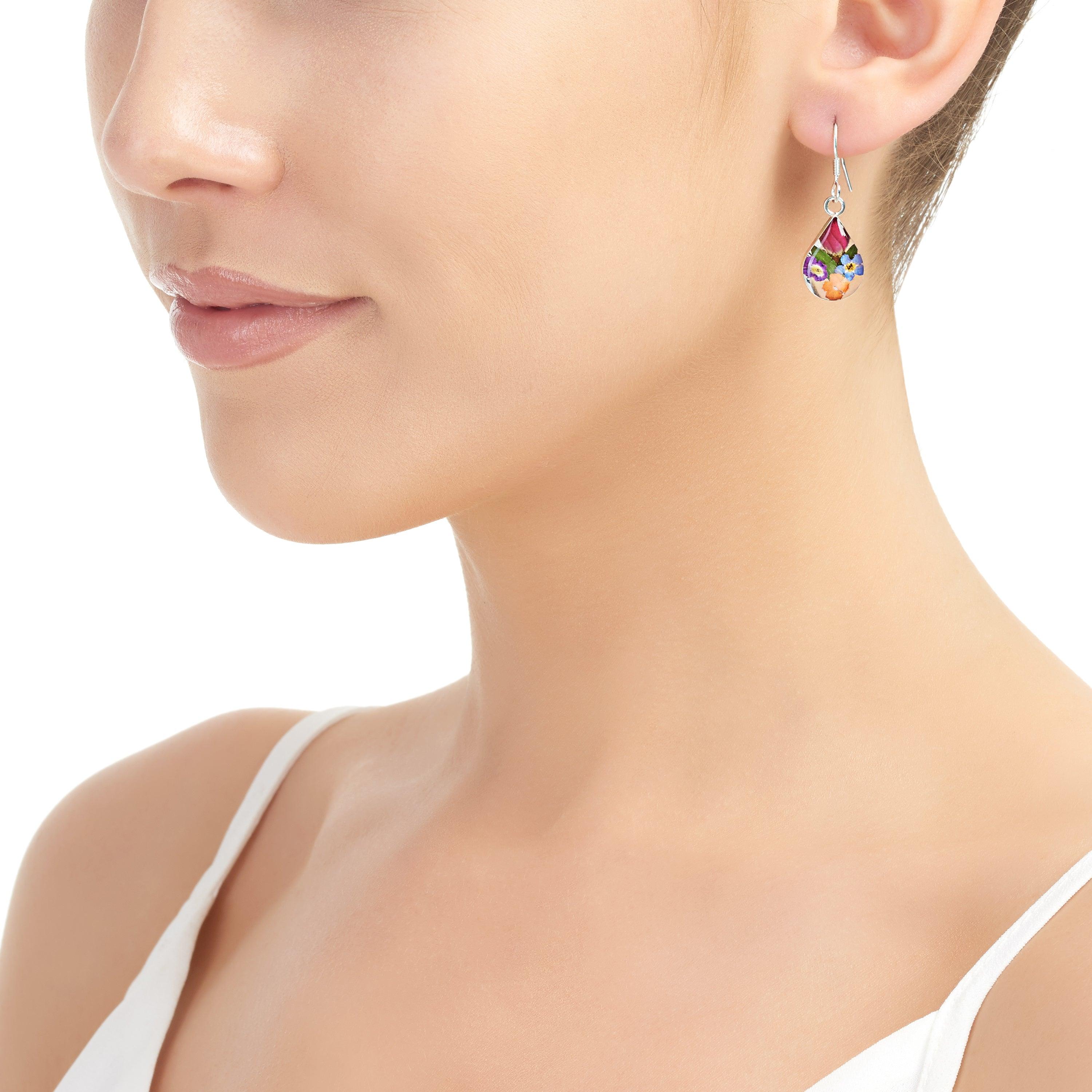 Shrieking Violet® Sterling Silver Teardrop Earrings showcasing real miniature flowers in a teardrop frame, elegantly presented in a gift box.