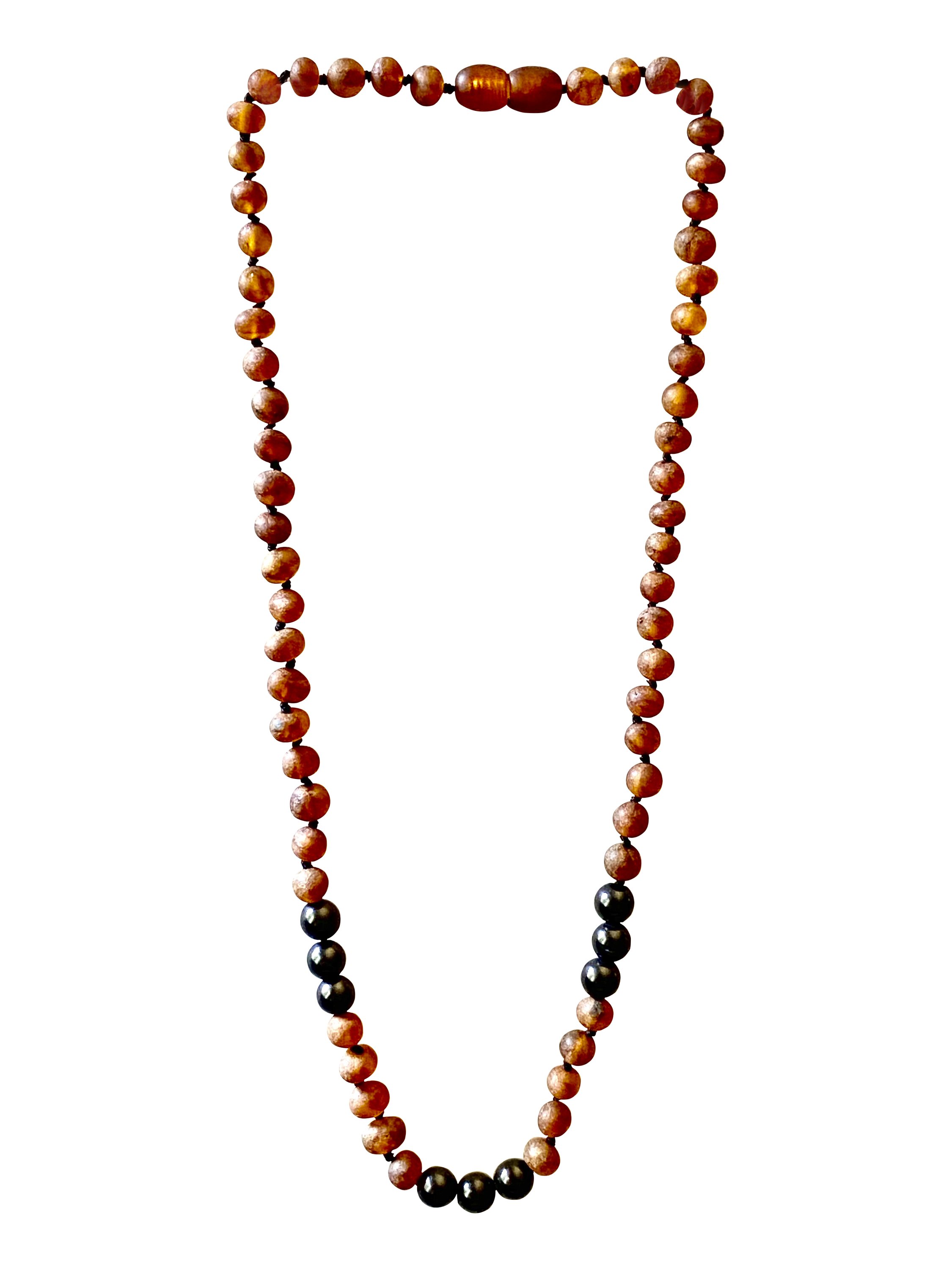 Shungite and Amber necklace designed for adults, featuring raw cognac amber beads and shungite, promoting natural healing and radiation blocking.
