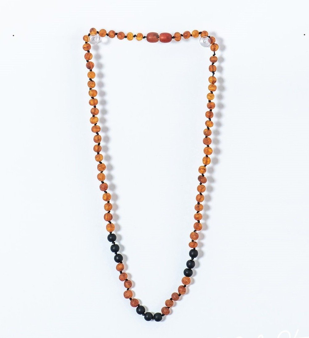 Shungite and Amber necklace designed for adults, featuring raw cognac amber beads and shungite, promoting natural healing and radiation blocking.