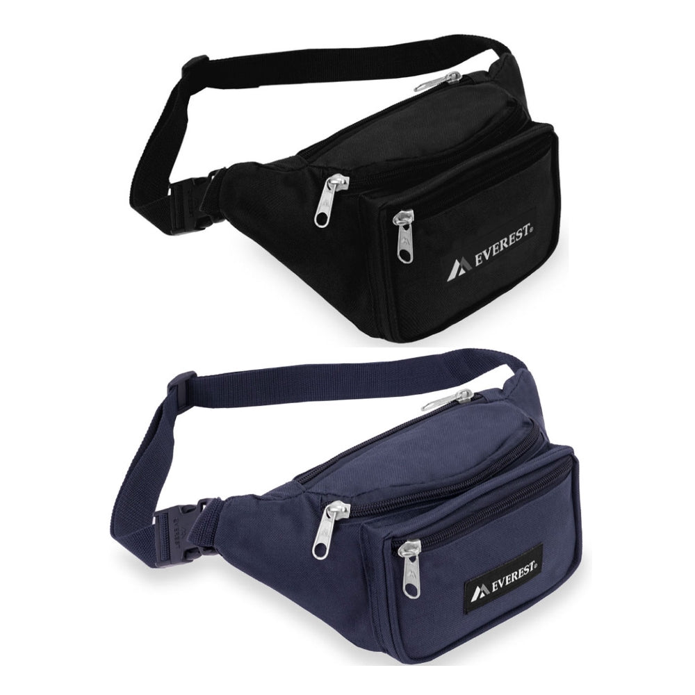 A stylish Signature Waist Pack in black, featuring three zippered compartments and an adjustable snap waist buckle, perfect for outdoor activities.