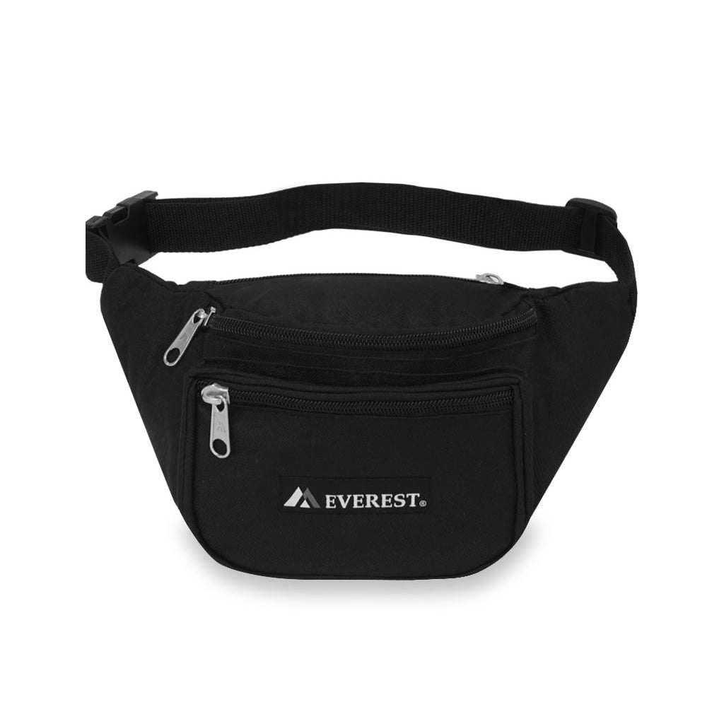 A stylish Signature Waist Pack in black, featuring three zippered compartments and an adjustable snap waist buckle, perfect for outdoor activities.