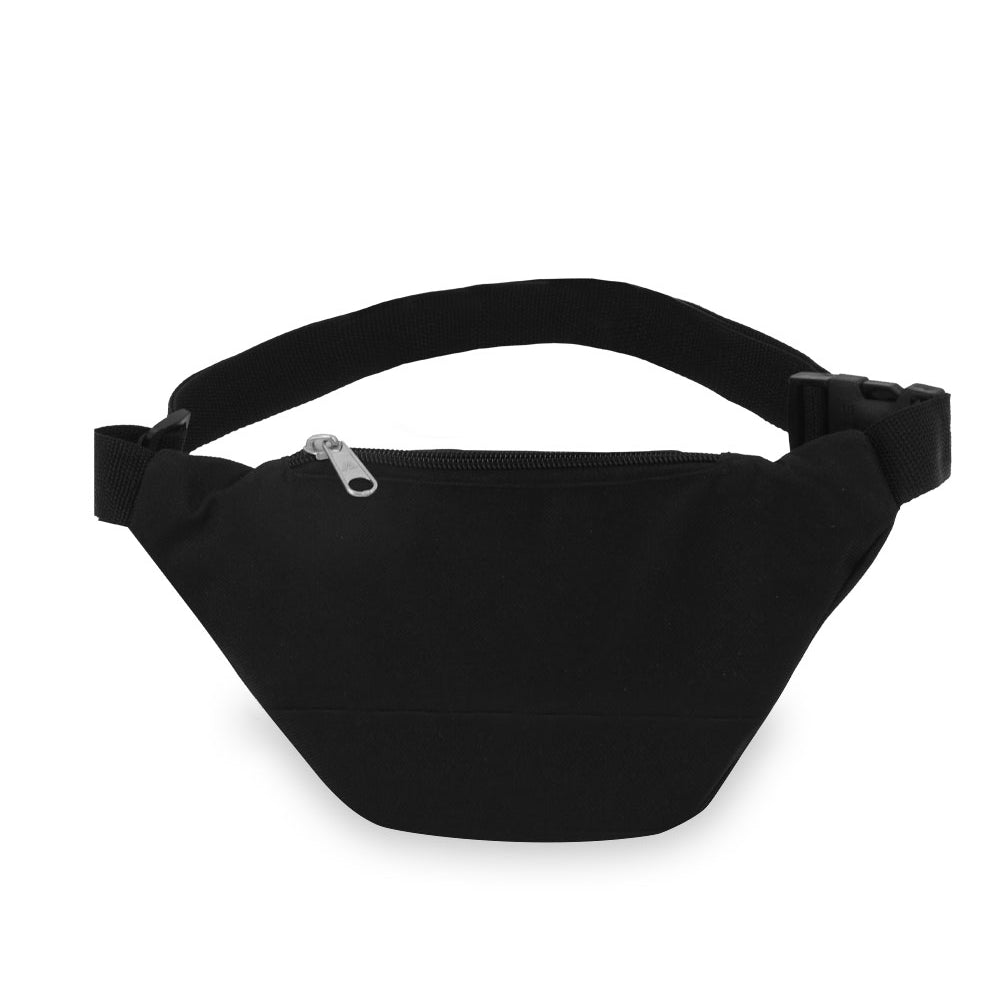 A stylish Signature Waist Pack in black, featuring three zippered compartments and an adjustable snap waist buckle, perfect for outdoor activities.