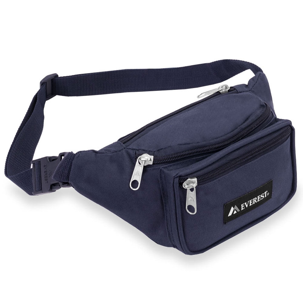 A stylish Signature Waist Pack in black, featuring three zippered compartments and an adjustable snap waist buckle, perfect for outdoor activities.
