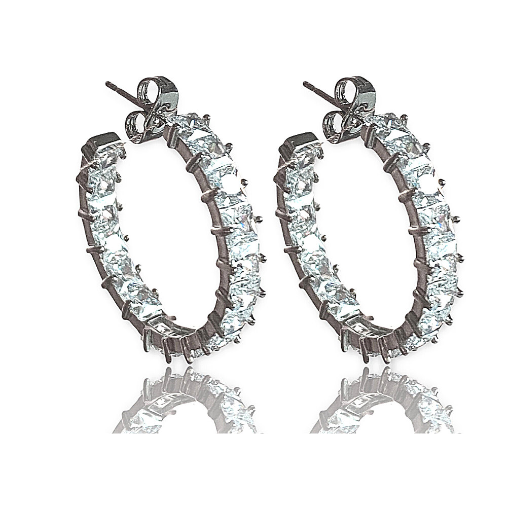 Elegant silver hoop earrings featuring princess cut white diamond cubic zirconia stones, perfect for any occasion.
