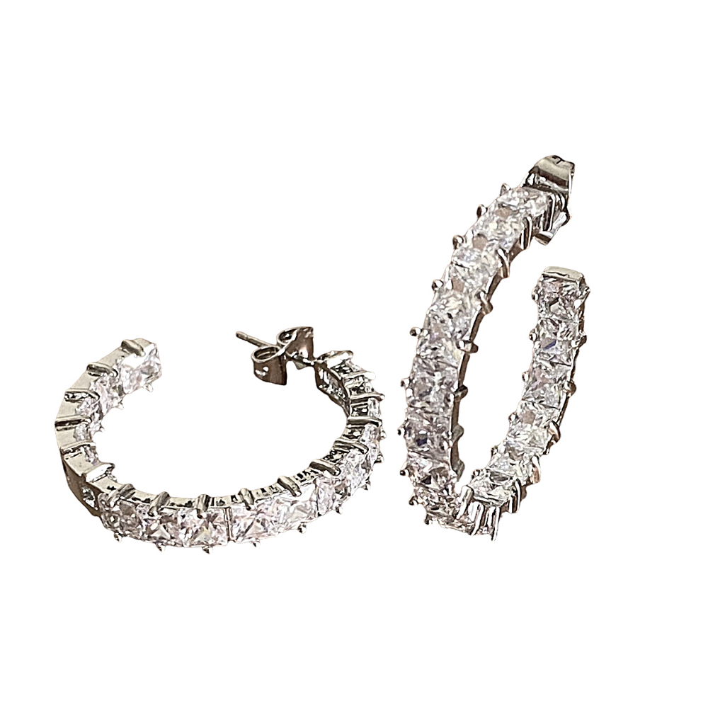 Elegant silver hoop earrings featuring princess cut white diamond cubic zirconia stones, perfect for any occasion.
