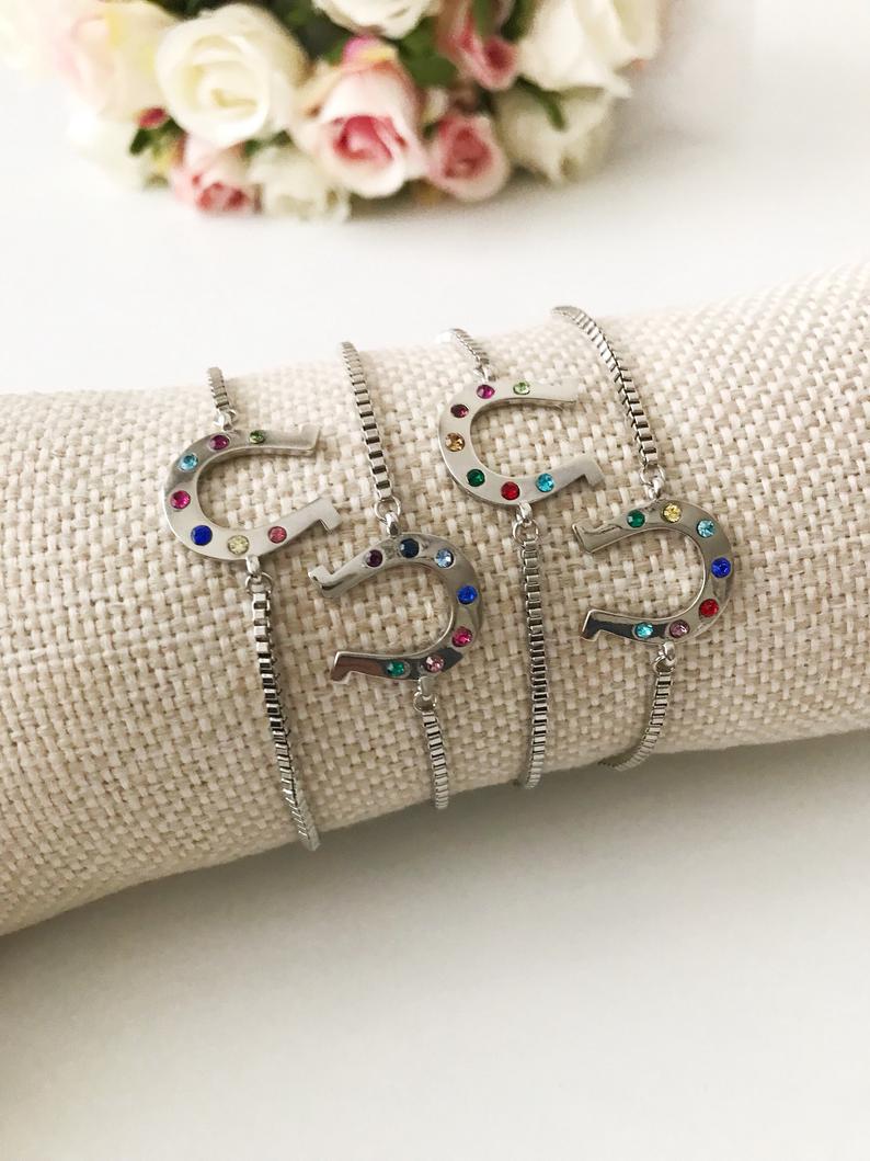 A beautiful silver horseshoe bracelet featuring a zirconia charm, adjustable design, and tarnish-resistant stainless steel material.