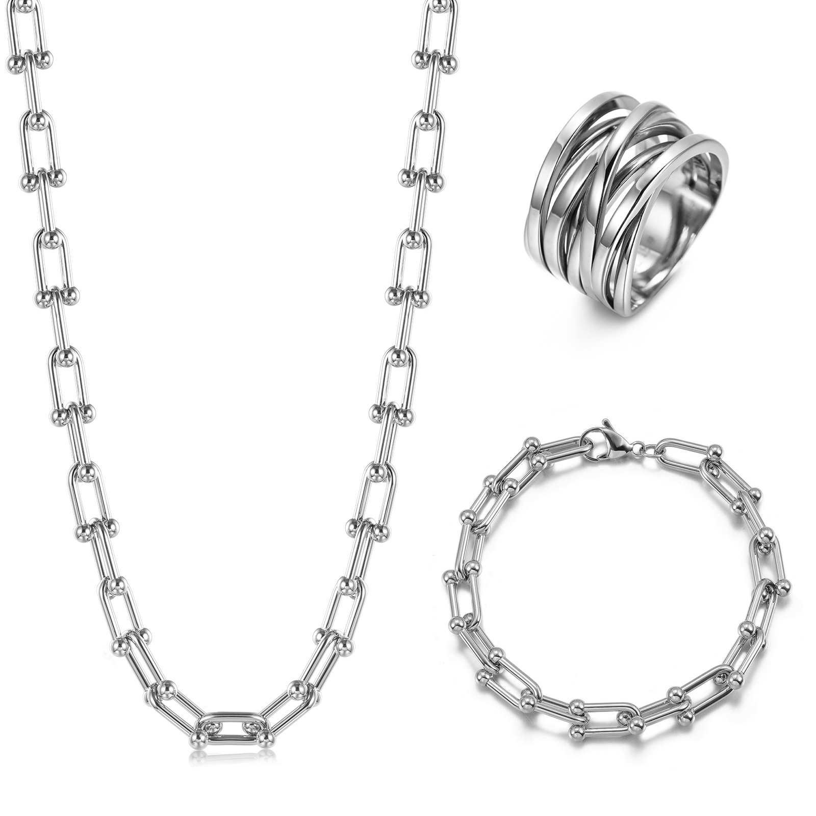 Silver Le Cheval jewelry set featuring a necklace, bracelet, and ring with horse shoe links, elegantly displayed in a gift box.