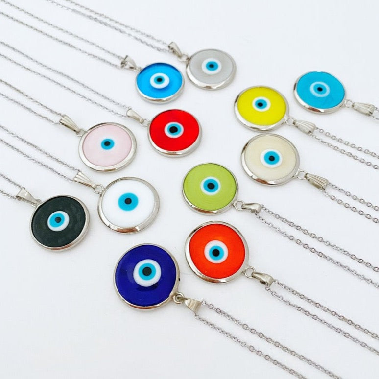 Handmade Silver Murano Evil Eye Necklace featuring colorful Murano beads and a silver stainless steel chain, symbolizing protection and luck.