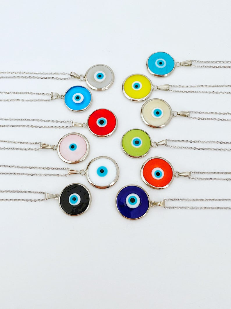Handmade Silver Murano Evil Eye Necklace featuring colorful Murano beads and a silver stainless steel chain, symbolizing protection and luck.