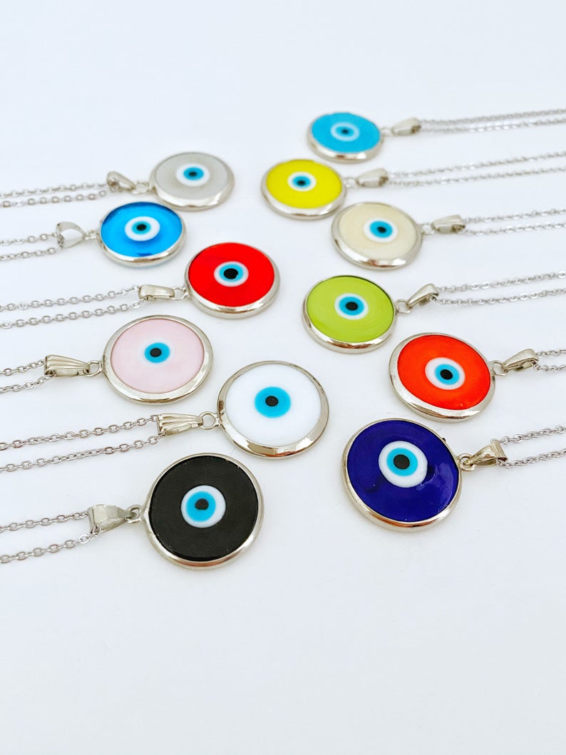 Handmade Silver Murano Evil Eye Necklace featuring colorful Murano beads and a silver stainless steel chain, symbolizing protection and luck.