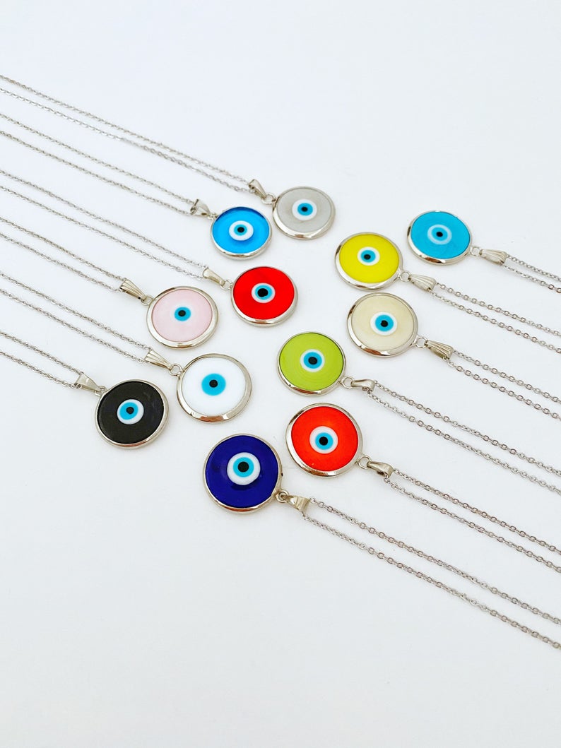 Handmade Silver Murano Evil Eye Necklace featuring colorful Murano beads and a silver stainless steel chain, symbolizing protection and luck.