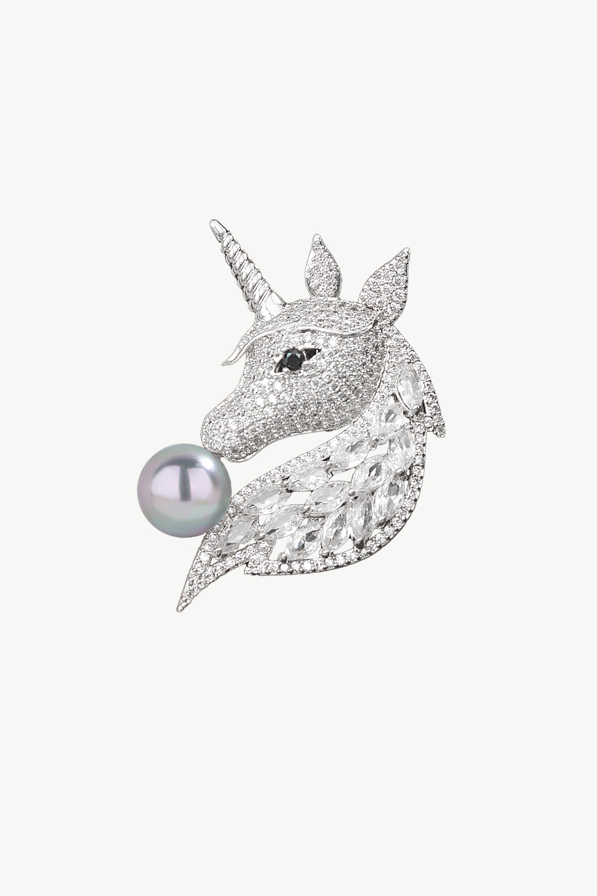 Silver Pavé Unicorn Brooch and Necklace Set featuring Swarovski crystals and a faux Tahitian pearl, showcasing a mythical unicorn design.