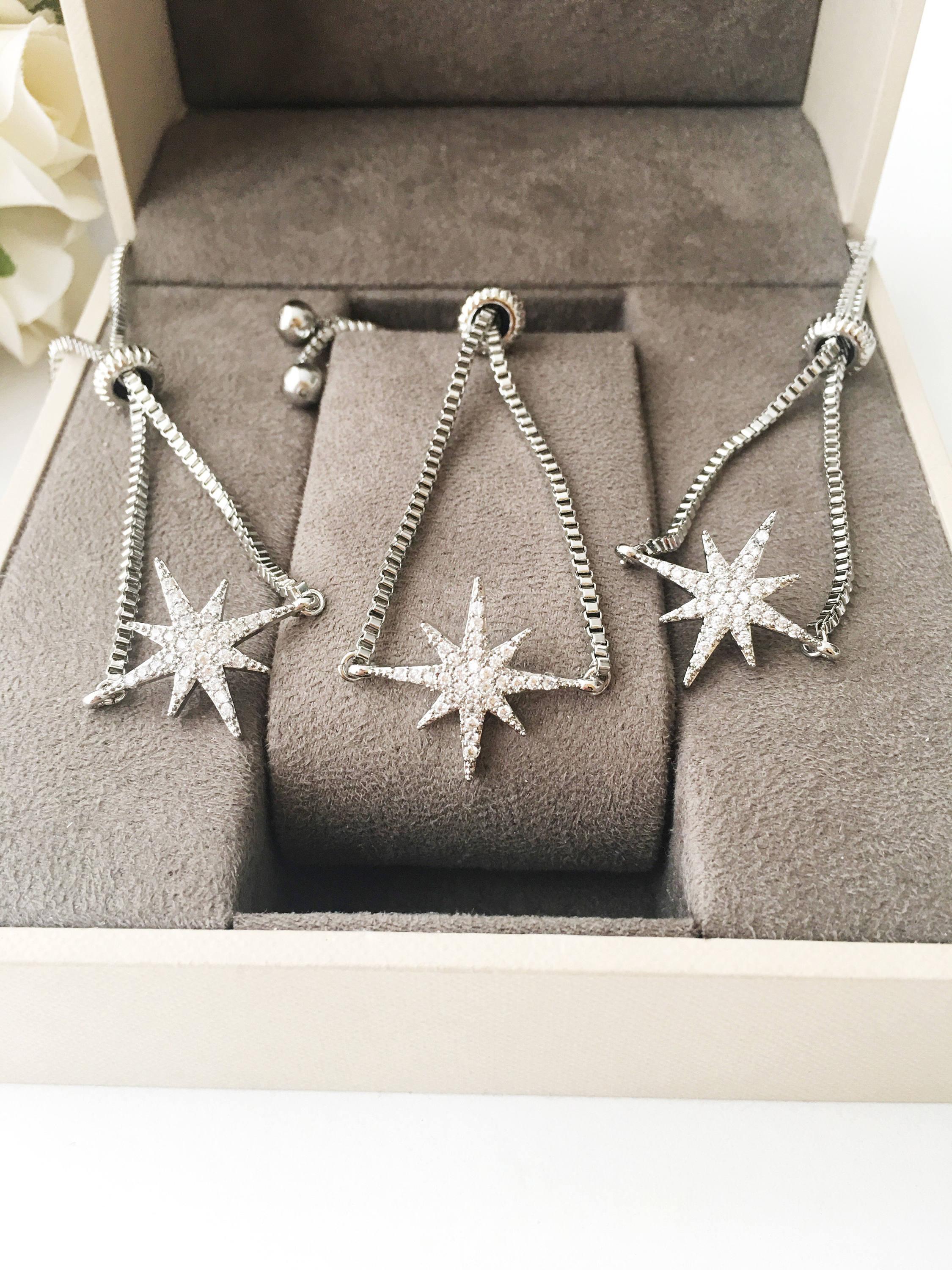 A beautiful handmade silver star bracelet featuring a silver star charm, adjustable design, and tarnish-resistant stainless steel material.