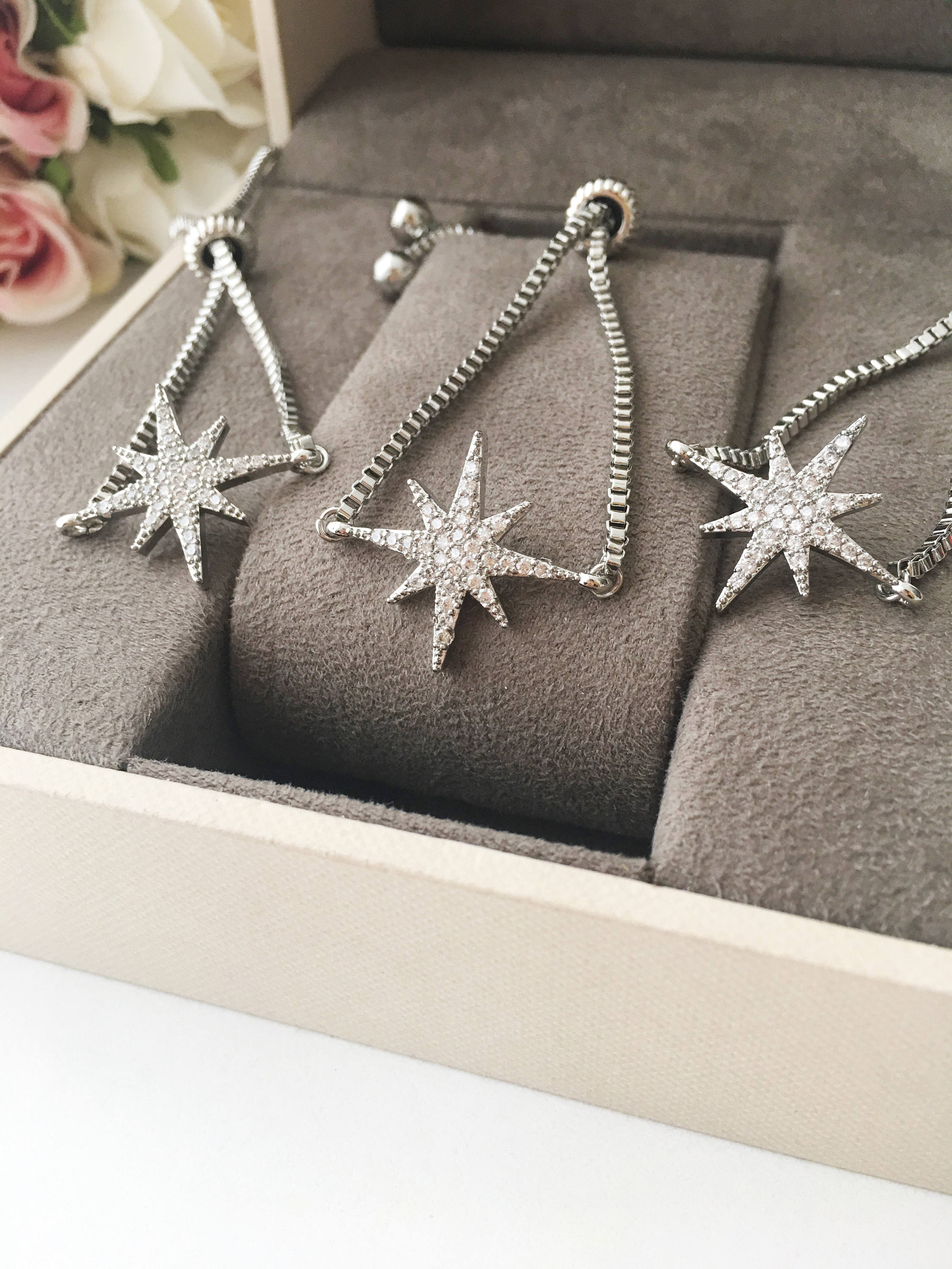 A beautiful handmade silver star bracelet featuring a silver star charm, adjustable design, and tarnish-resistant stainless steel material.