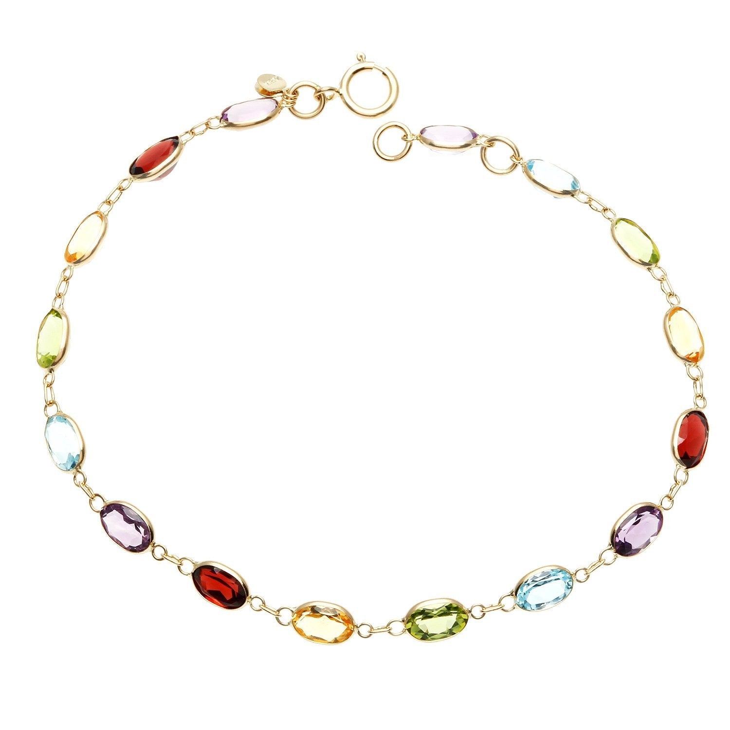 A vibrant Simulated Multi Gemstone Rainbow Bracelet featuring 14K gold plating, showcasing colorful simulated gemstones on a link chain.