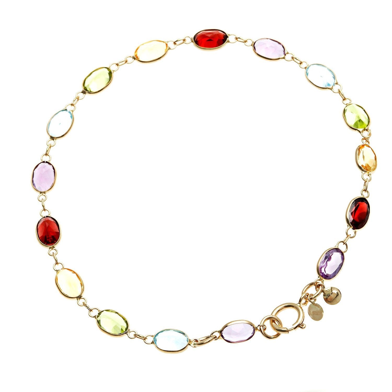 A vibrant Simulated Multi Gemstone Rainbow Bracelet featuring 14K gold plating, showcasing colorful simulated gemstones on a link chain.