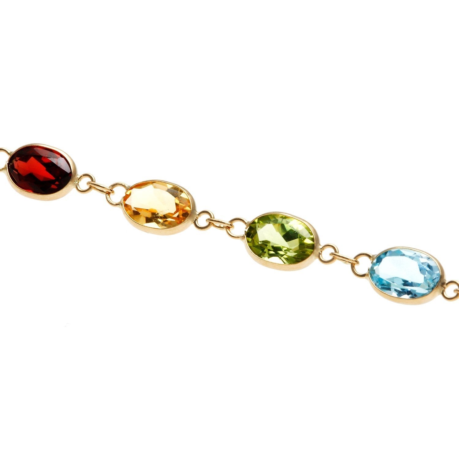A vibrant Simulated Multi Gemstone Rainbow Bracelet featuring 14K gold plating, showcasing colorful simulated gemstones on a link chain.