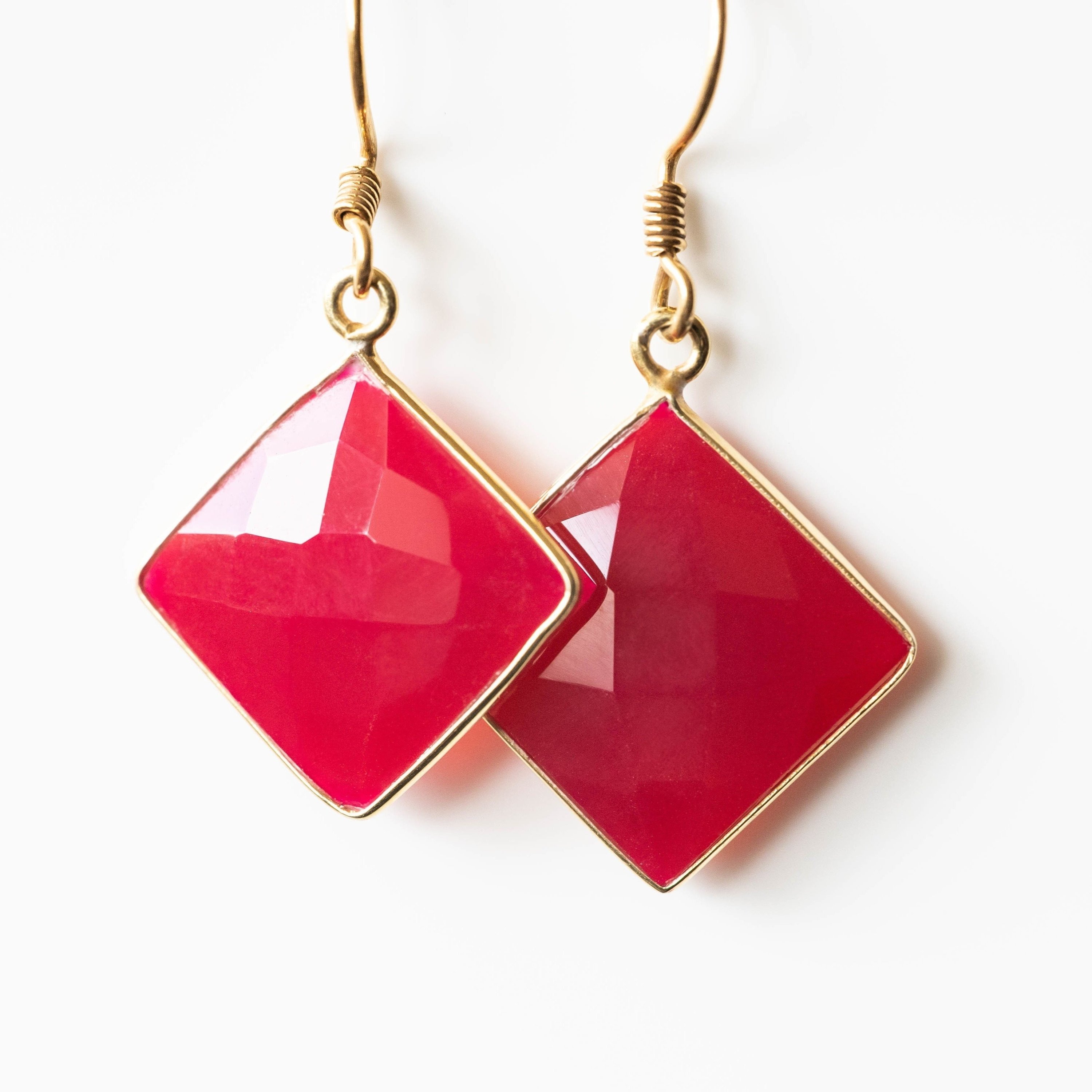 Fuchsia chalcedony square drop earrings with gold-plated settings and 14k gold-filled ear wires, elegantly displayed.