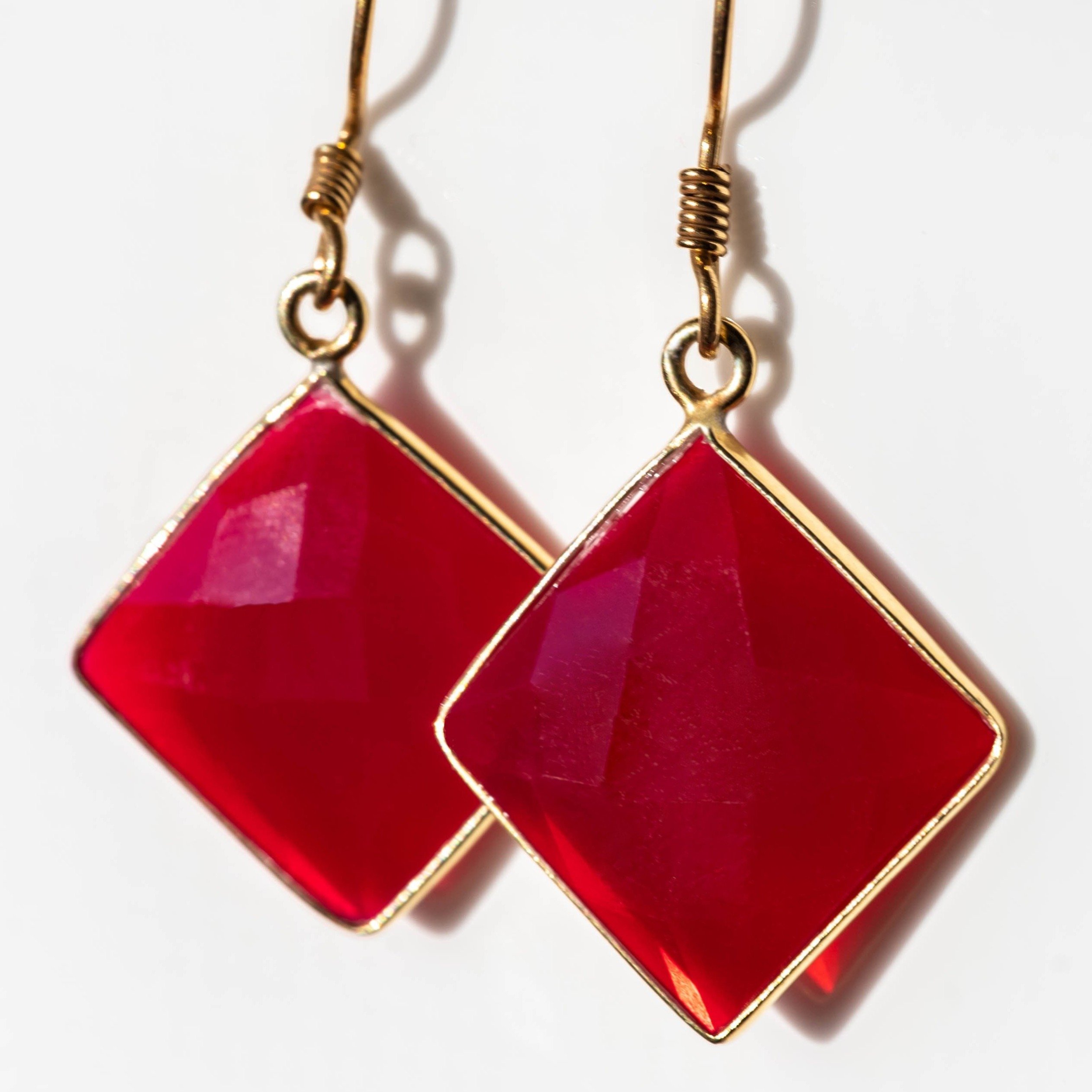 Fuchsia chalcedony square drop earrings with gold-plated settings and 14k gold-filled ear wires, elegantly displayed.