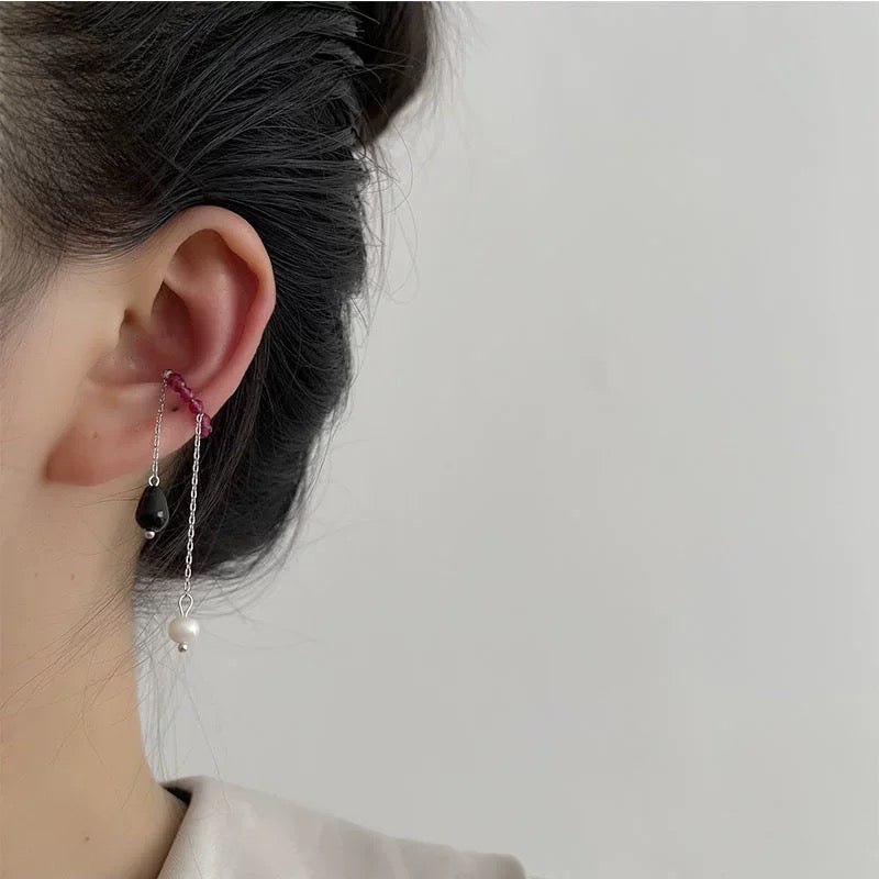 A pair of elegant ear clips featuring single coloured crystals and artificial pearls, crafted from alloy, showcasing a stylish design.