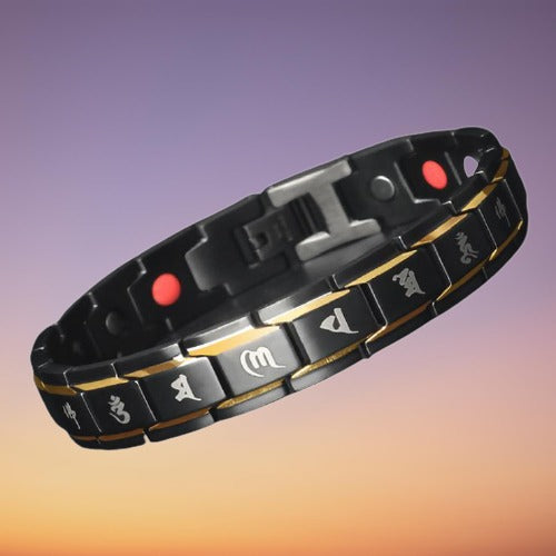 A stylish Six-Word Mani Mantra Magnetic Bracelet made of titanium steel, featuring a sleek design and embedded magnets for therapeutic benefits.