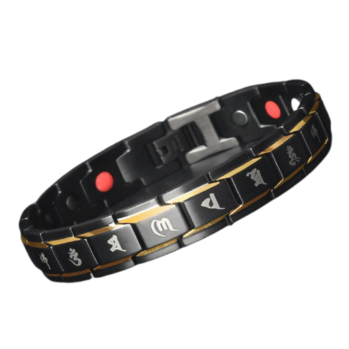 A stylish Six-Word Mani Mantra Magnetic Bracelet made of titanium steel, featuring a sleek design and embedded magnets for therapeutic benefits.