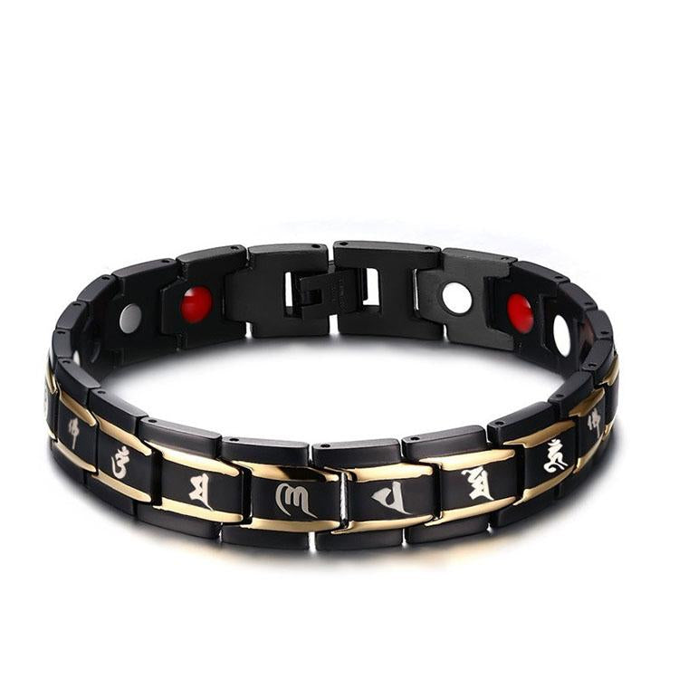A stylish Six-Word Mani Mantra Magnetic Bracelet made of titanium steel, featuring a sleek design and embedded magnets for therapeutic benefits.