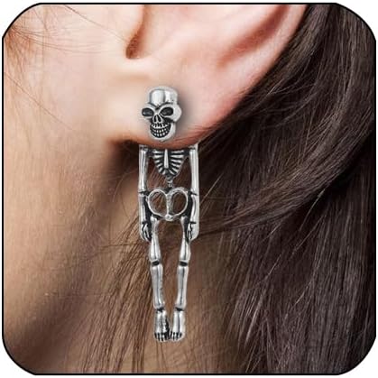 A pair of Skeleton Stud Dangle Earrings featuring intricate skeleton designs with a silver finish, perfect for adding a gothic touch to any outfit.