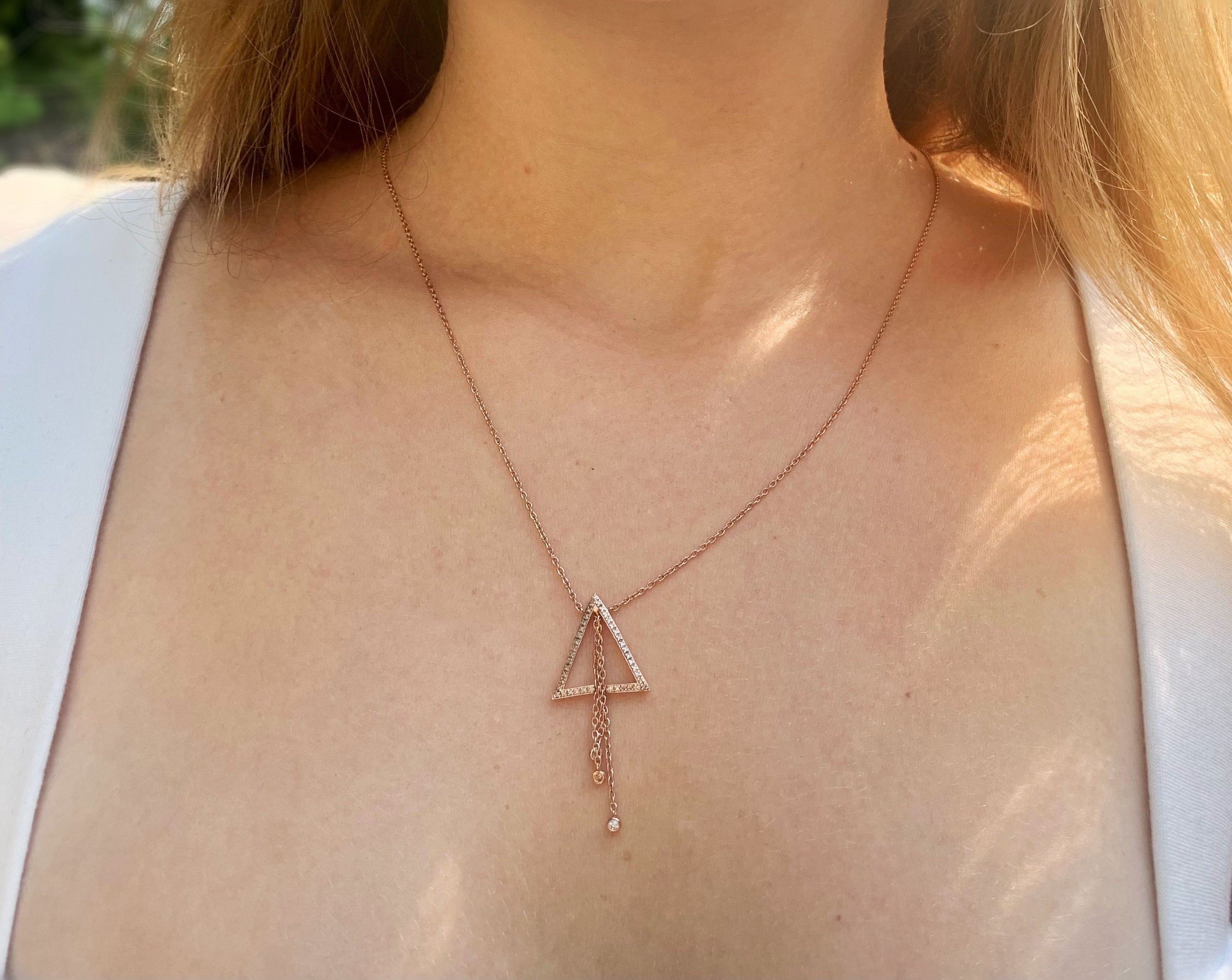 Skyline Triangle Bolo Adjustable Diamond Lariat Necklace in 14K Rose Gold, featuring genuine diamonds and a bolo adjustable design.