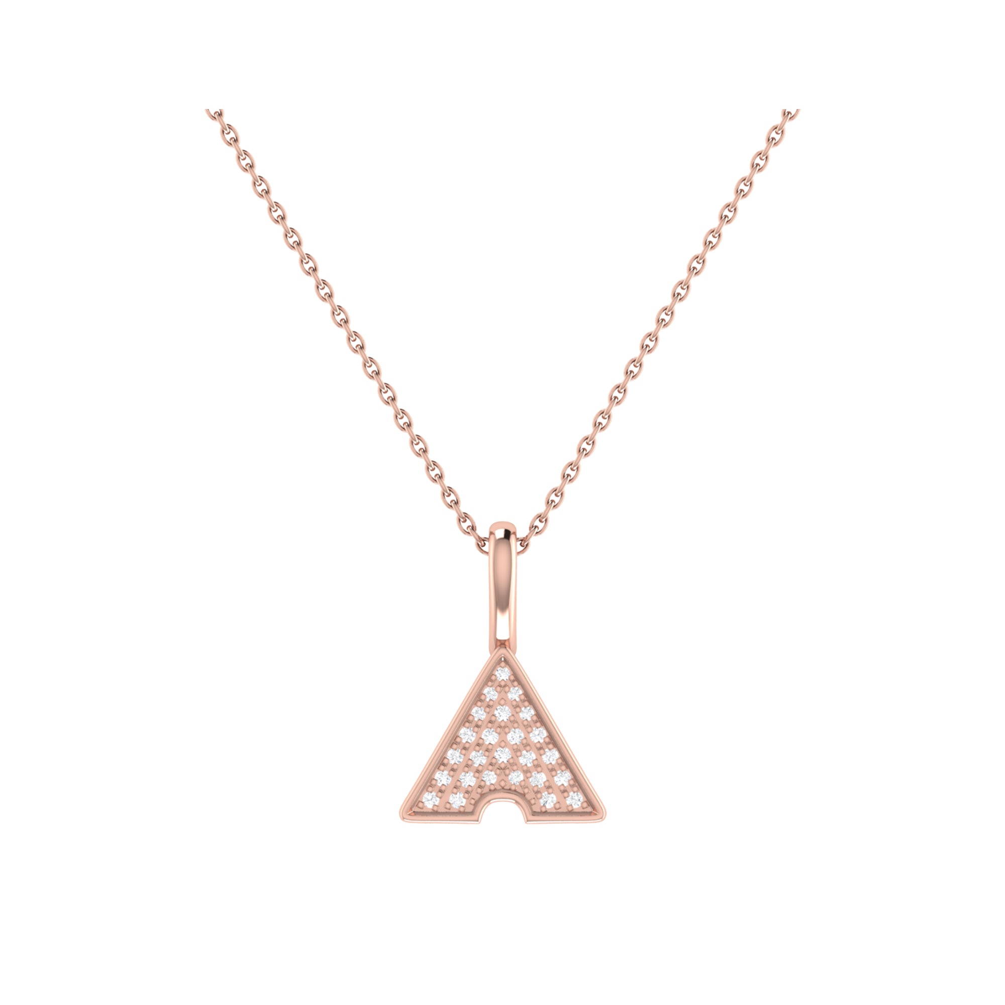 Skyscraper Triangle Diamond Pendant in 14K Rose Gold Vermeil, featuring a triangle design with micro pave set diamonds on a cable chain.