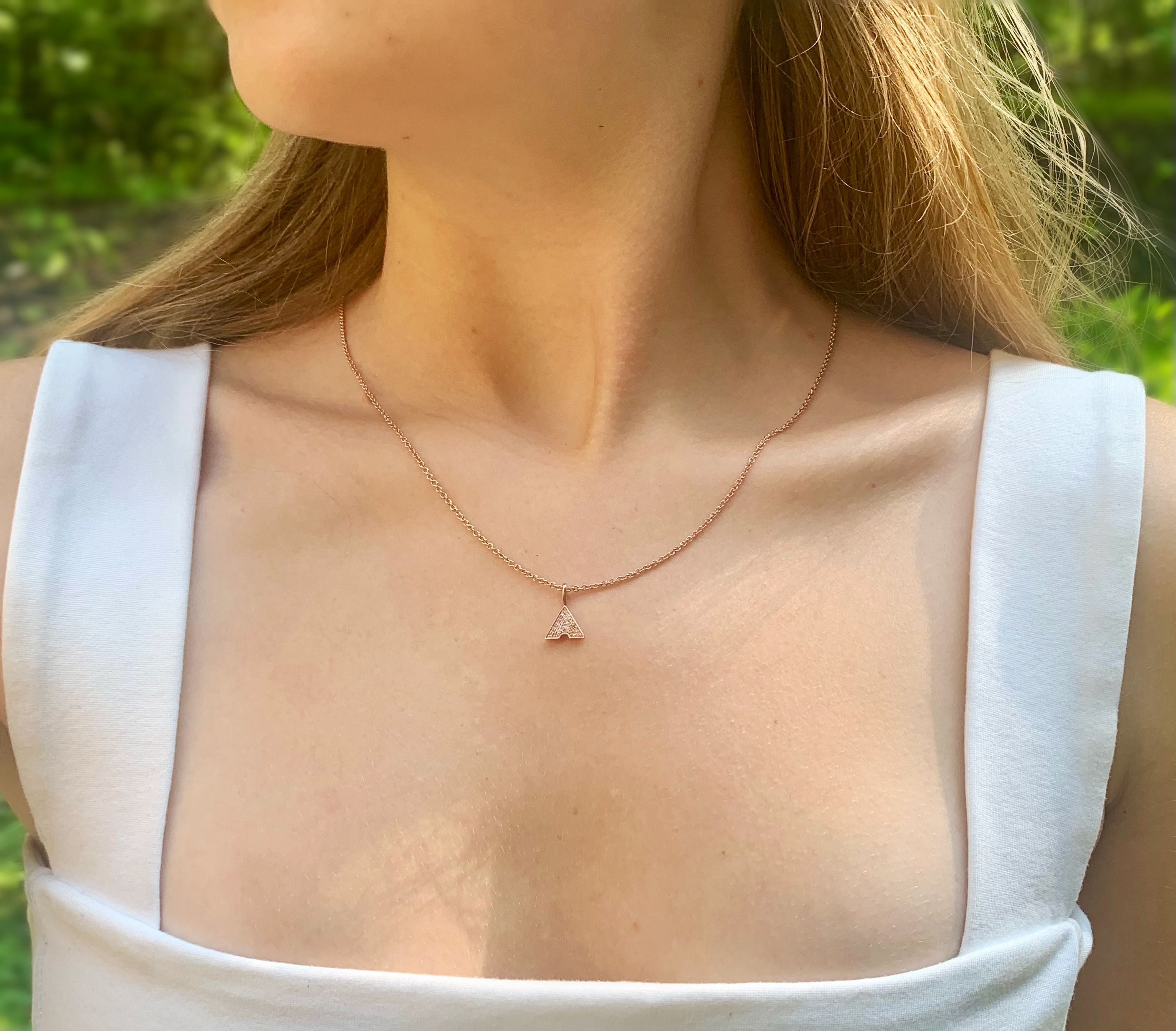 Skyscraper Triangle Diamond Pendant in 14K Rose Gold Vermeil, featuring a triangle design with micro pave set diamonds on a cable chain.