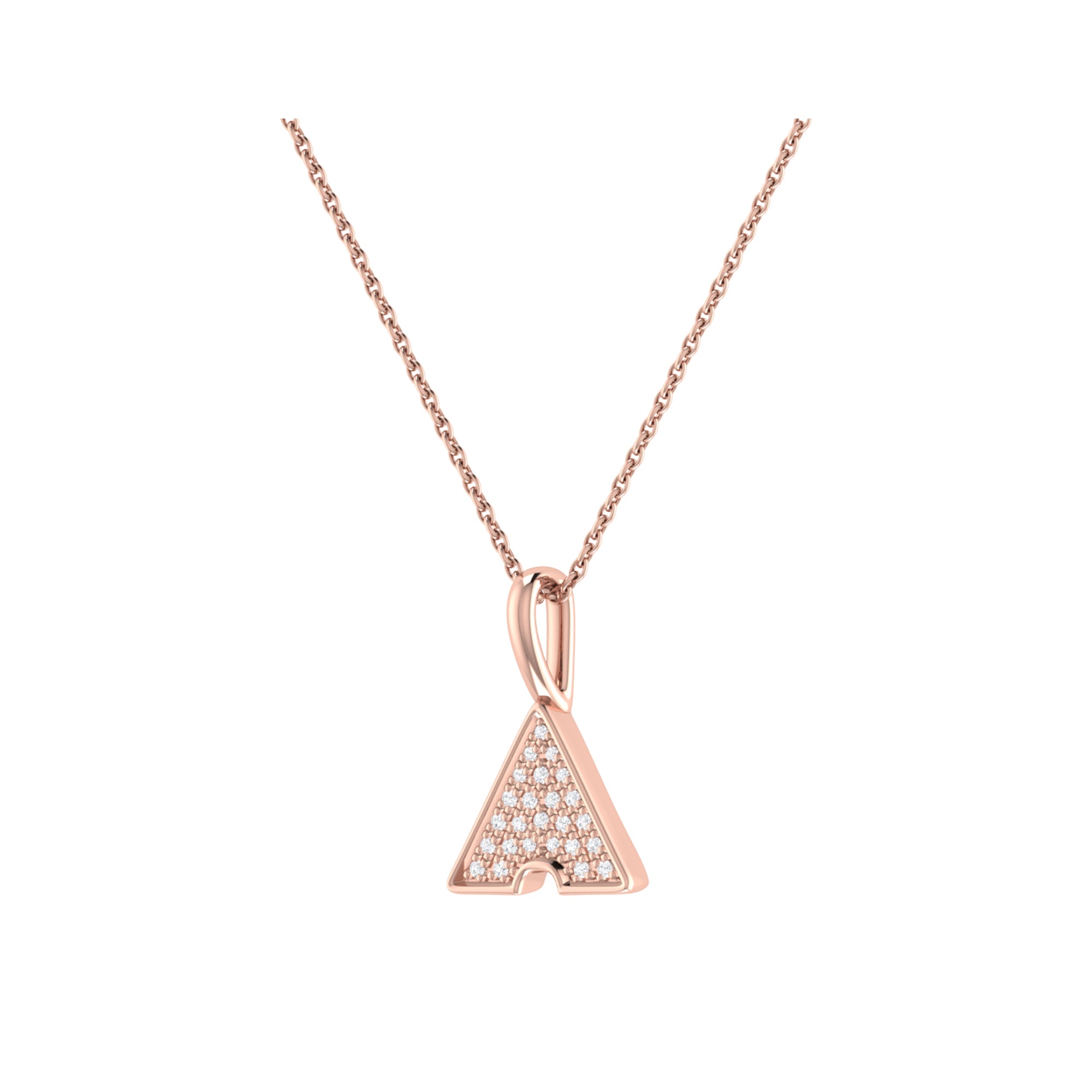 Skyscraper Triangle Diamond Pendant in 14K Rose Gold Vermeil, featuring a triangle design with micro pave set diamonds on a cable chain.