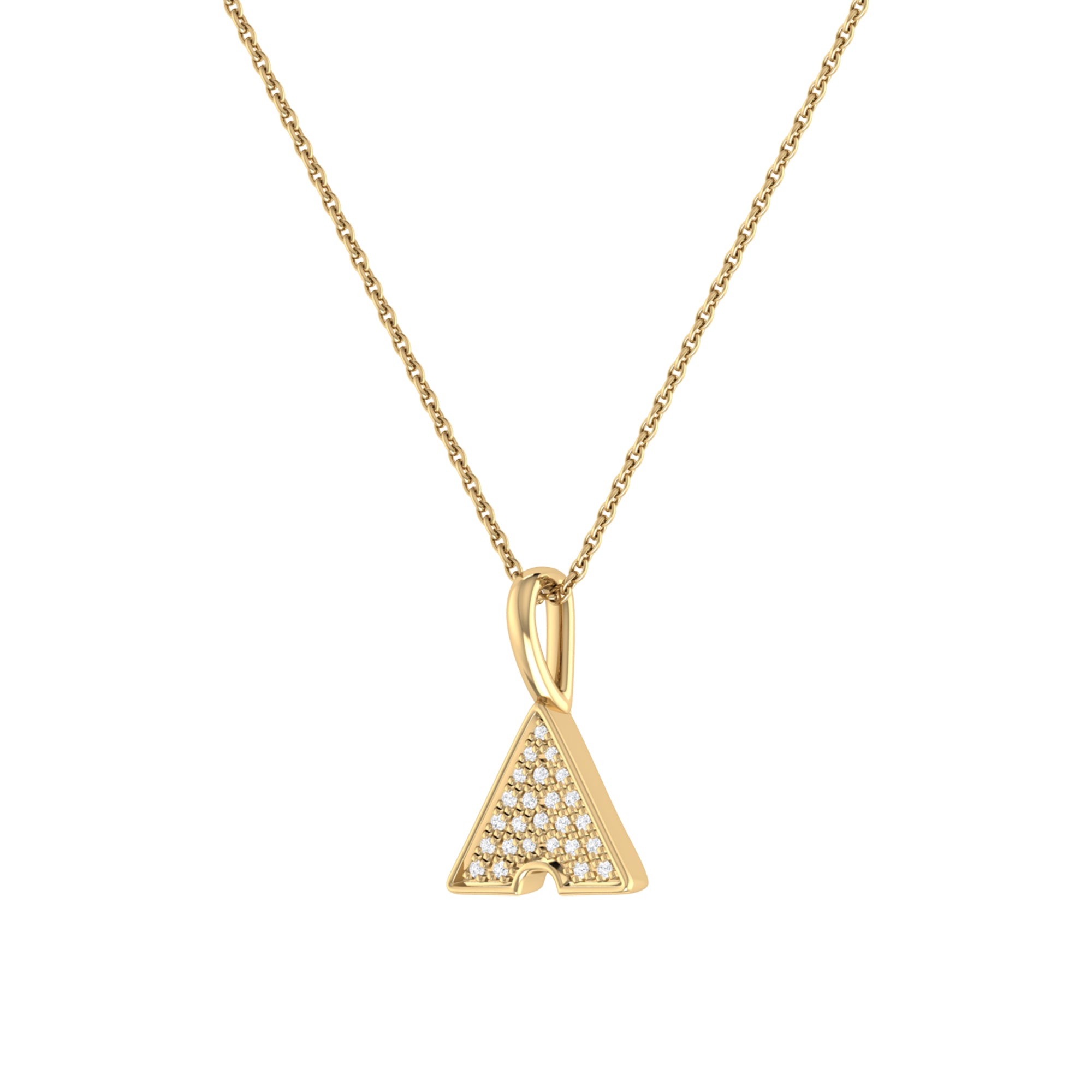 Skyscraper Triangle Diamond Pendant in 14K Yellow Gold Vermeil, featuring a triangle design with micro pave set diamonds on a delicate chain.