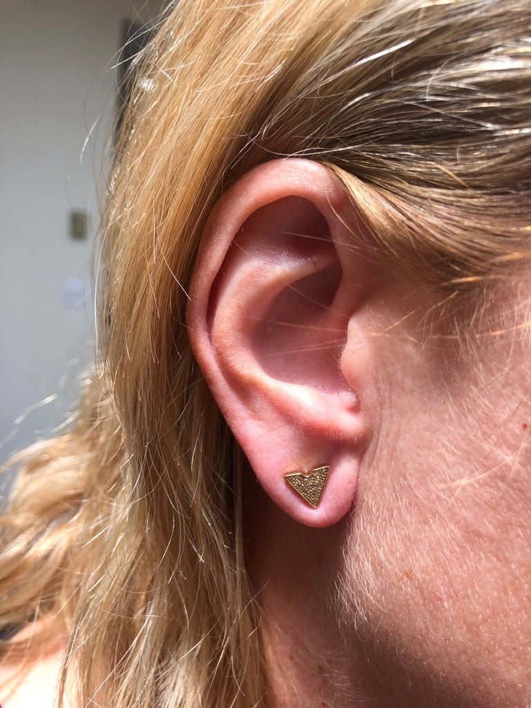 Elegant Skyscraper Triangle Diamond Stud Earrings in 14K Yellow Gold Vermeil, featuring genuine diamonds set in a micro pave design.