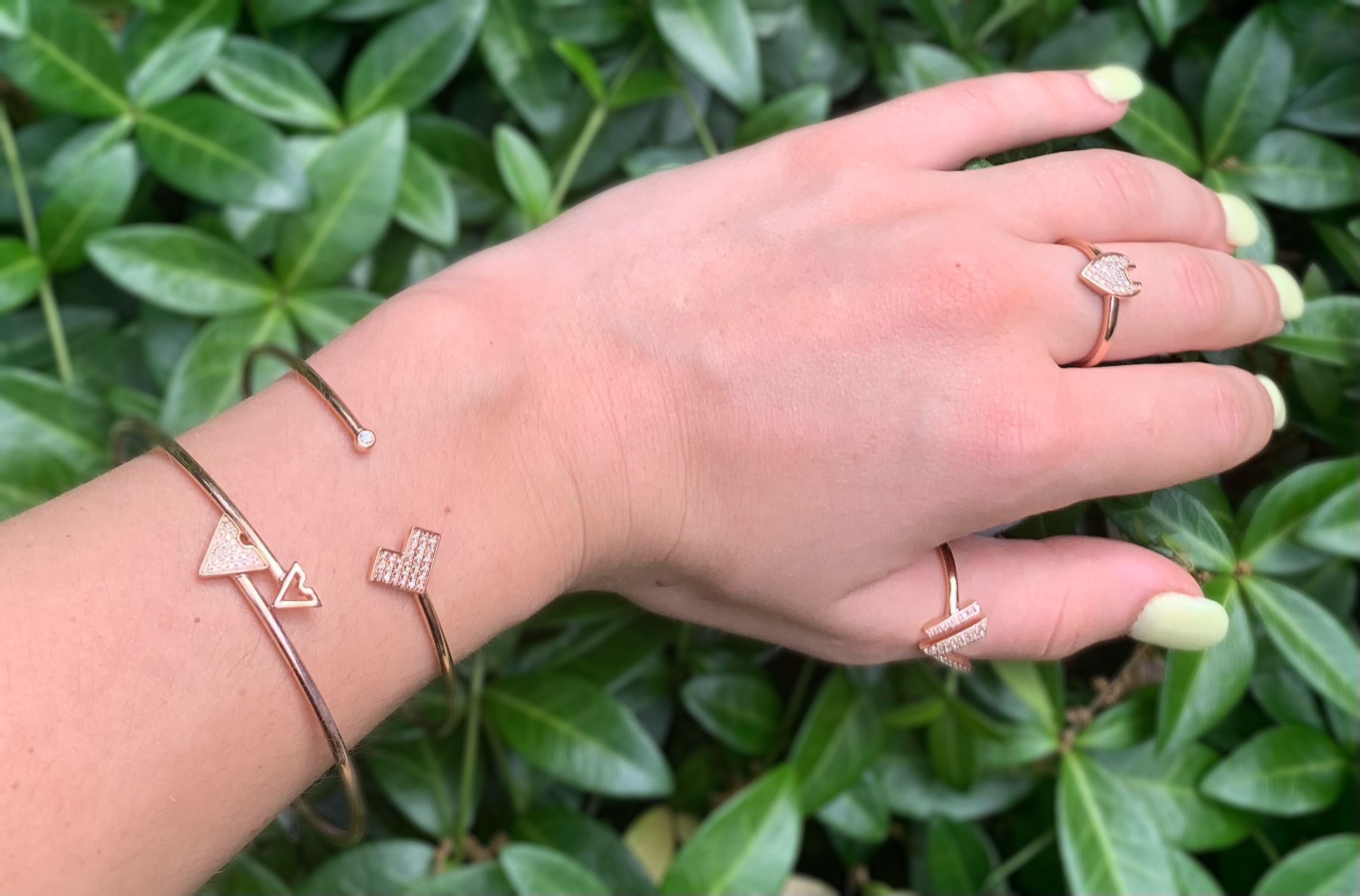 Skyscraper Triangle Roof Adjustable Diamond Bangle in 14K Rose Gold, featuring genuine diamonds in a micro pave setting, showcasing its elegant design.