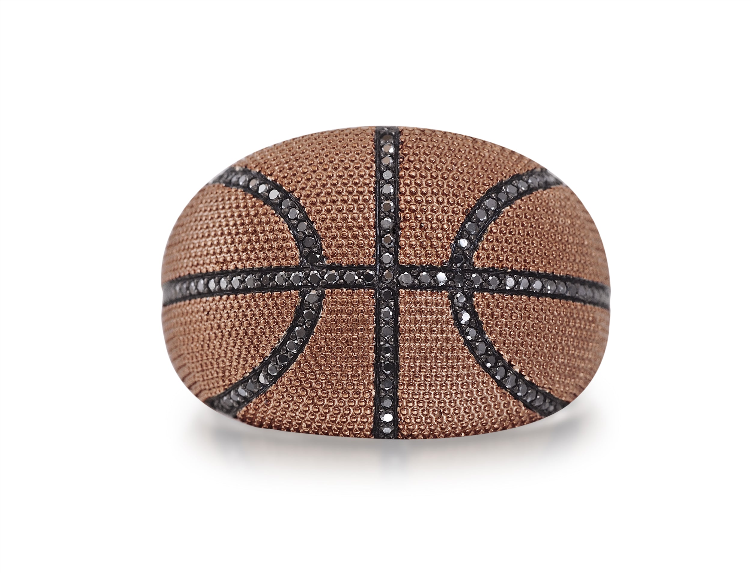 Slam Dunk Basketball ring made of brown rhodium plated sterling silver, featuring black diamond accents and a basketball-inspired design.