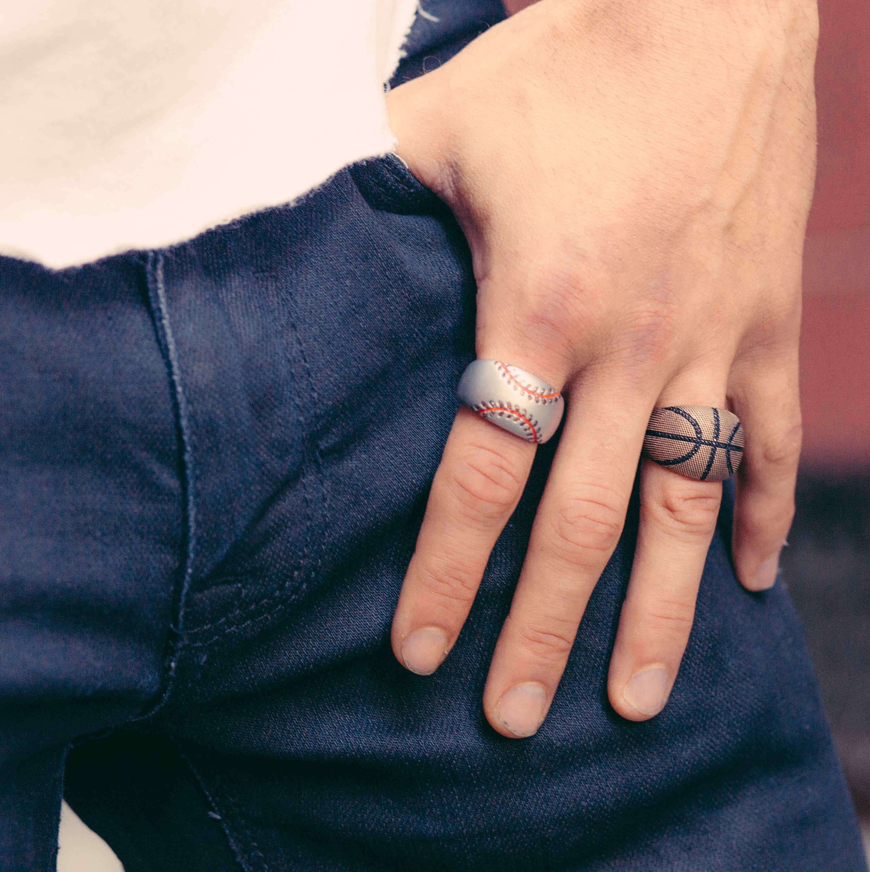Slam Dunk Basketball ring made of brown rhodium plated sterling silver, featuring black diamond accents and a basketball-inspired design.