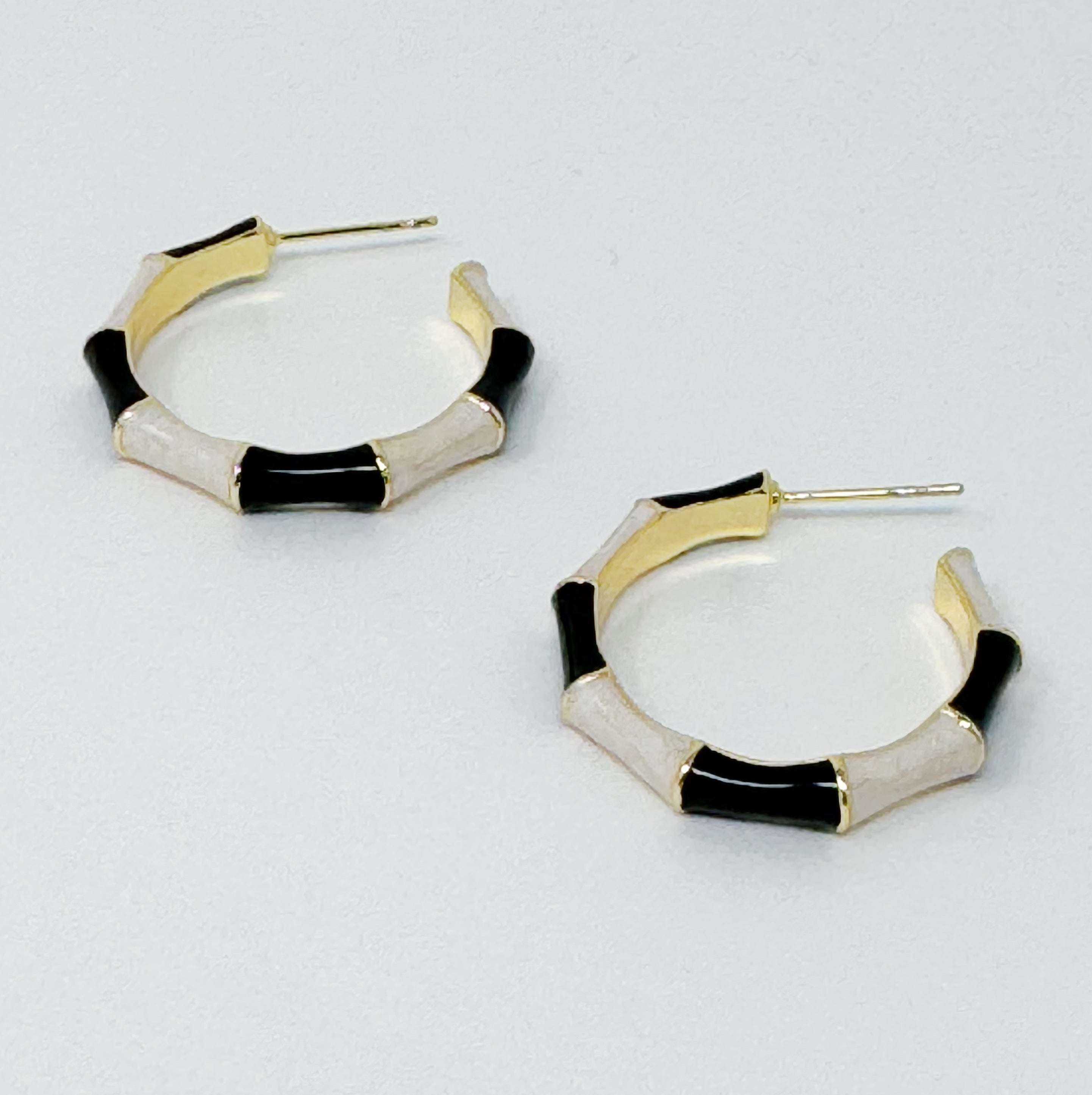 Small Color Block Bamboo Hoop Earrings featuring a unique design with vibrant colors and a gold plated finish.