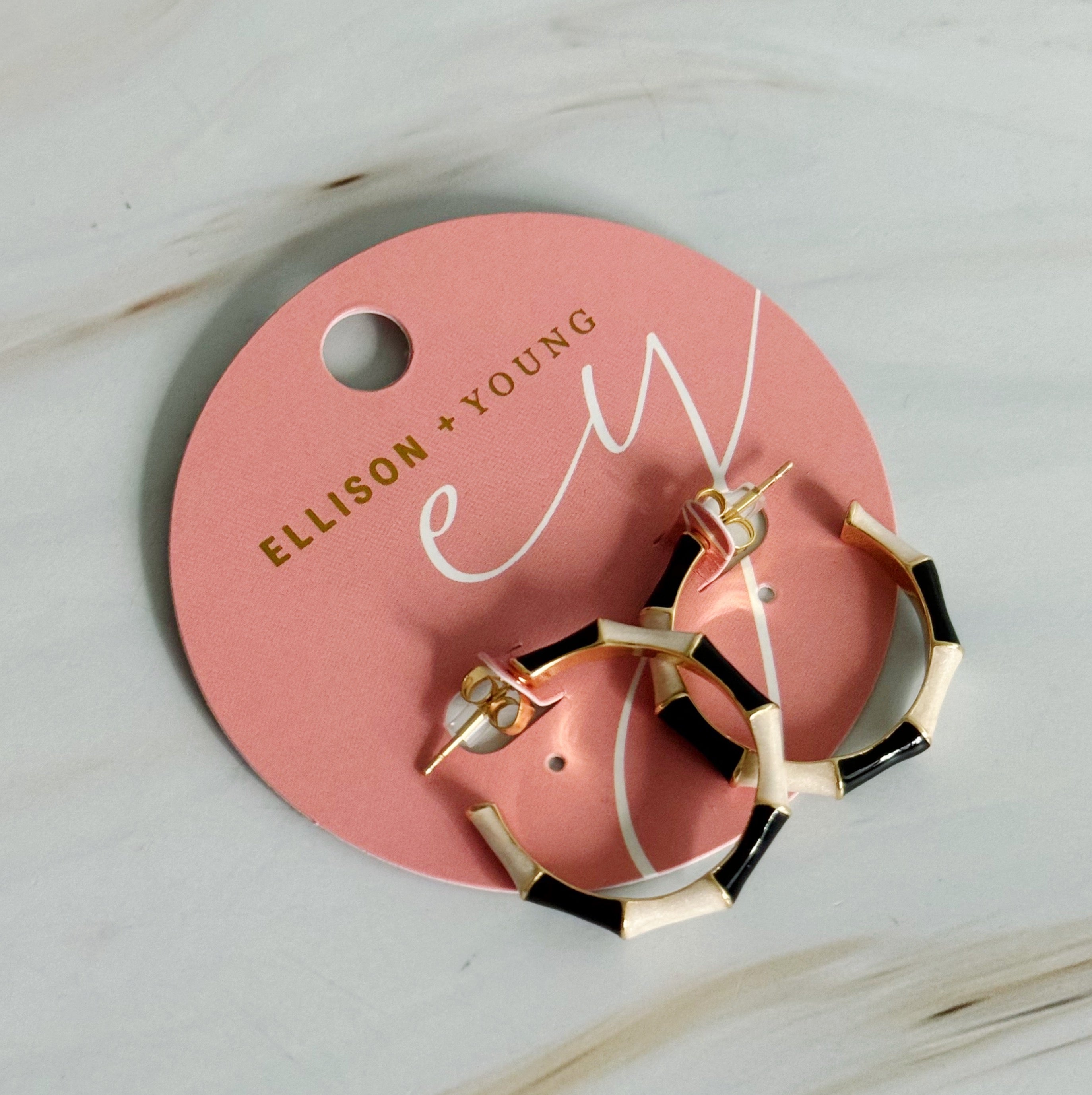 Small Color Block Bamboo Hoop Earrings featuring a unique design with vibrant colors and a gold plated finish.