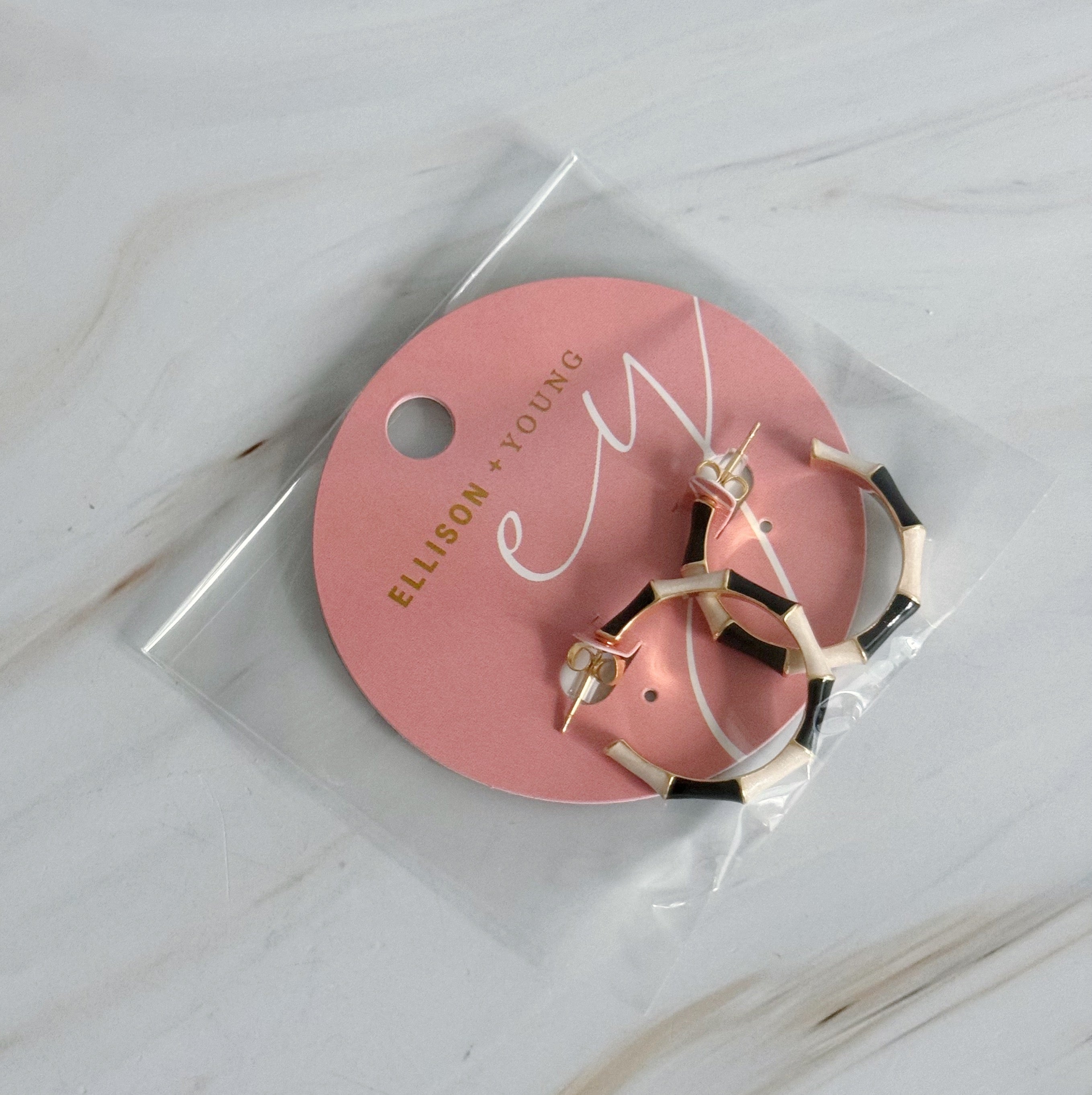 Small Color Block Bamboo Hoop Earrings featuring a unique design with vibrant colors and a gold plated finish.