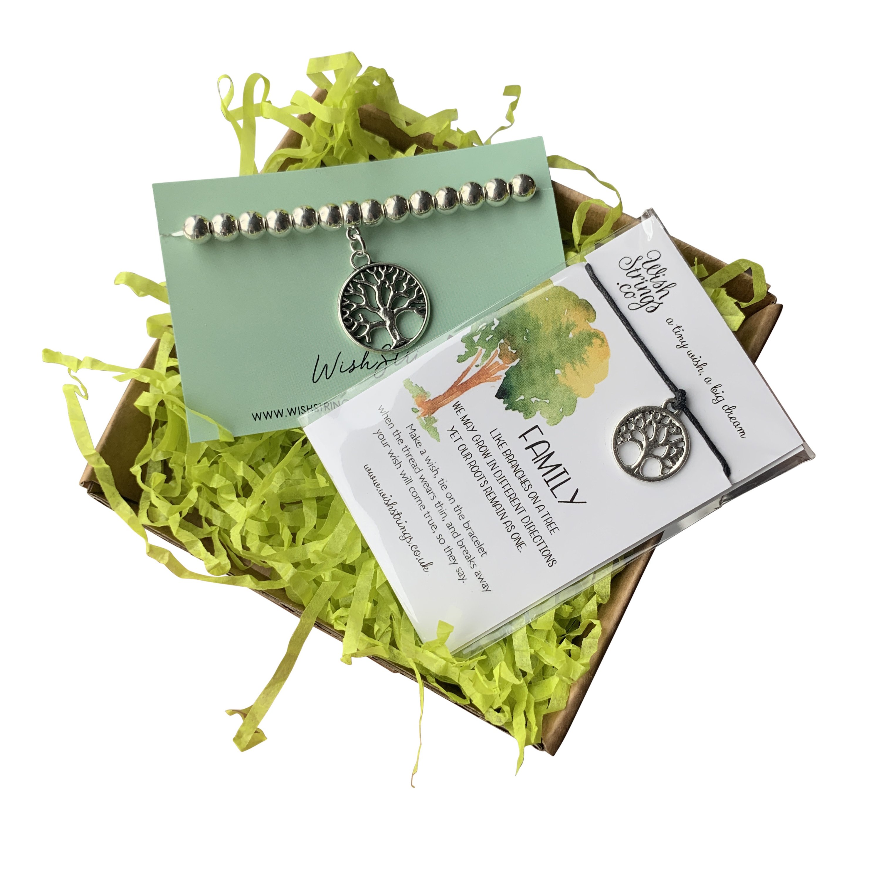 A beautifully arranged Small Family Gift Box containing two bracelets and an elegant gift box.