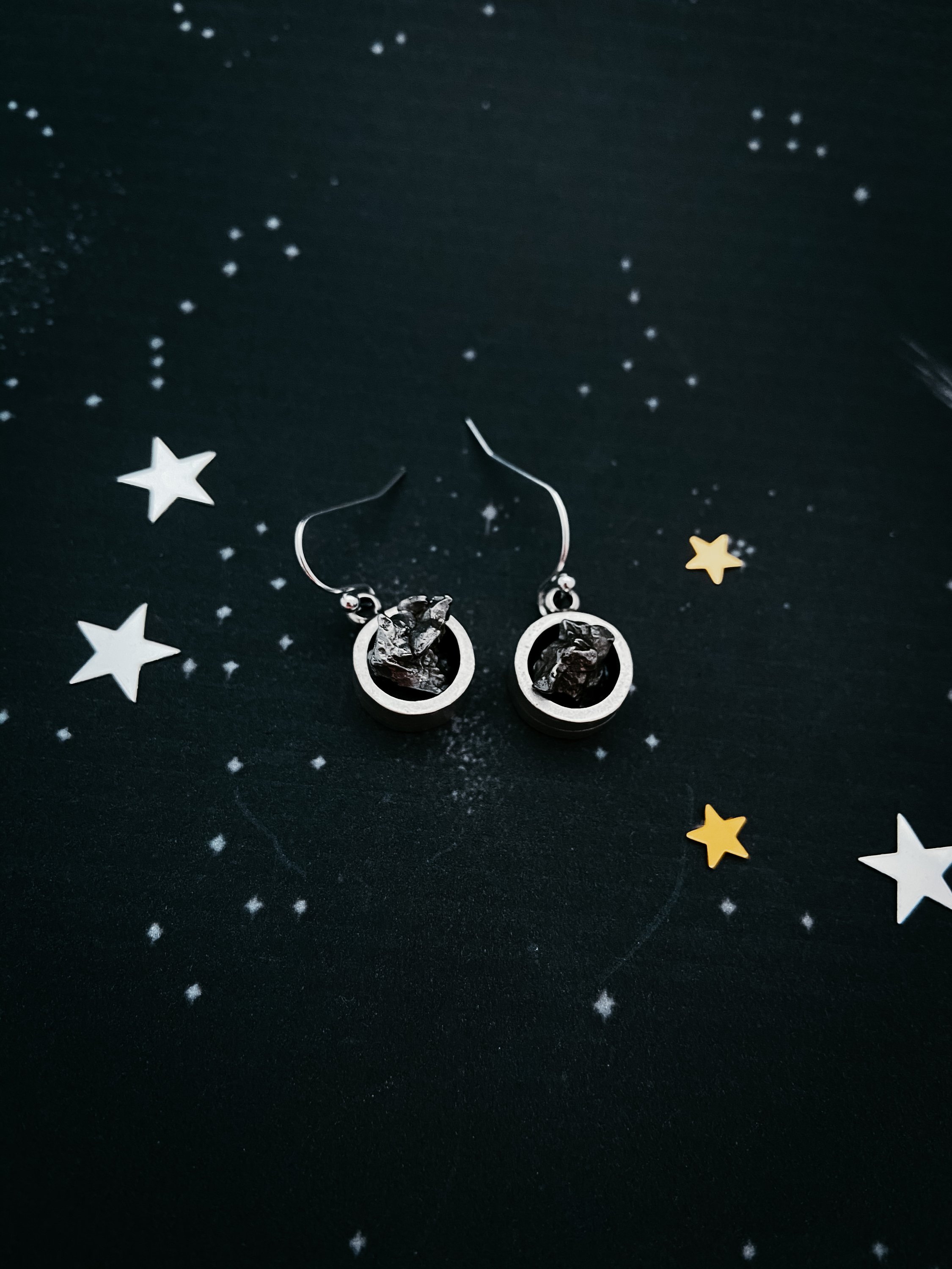 Small Round Raw Meteorite Dangle or Stud Earrings set in thick silver bezel, showcasing unique cosmic stones.