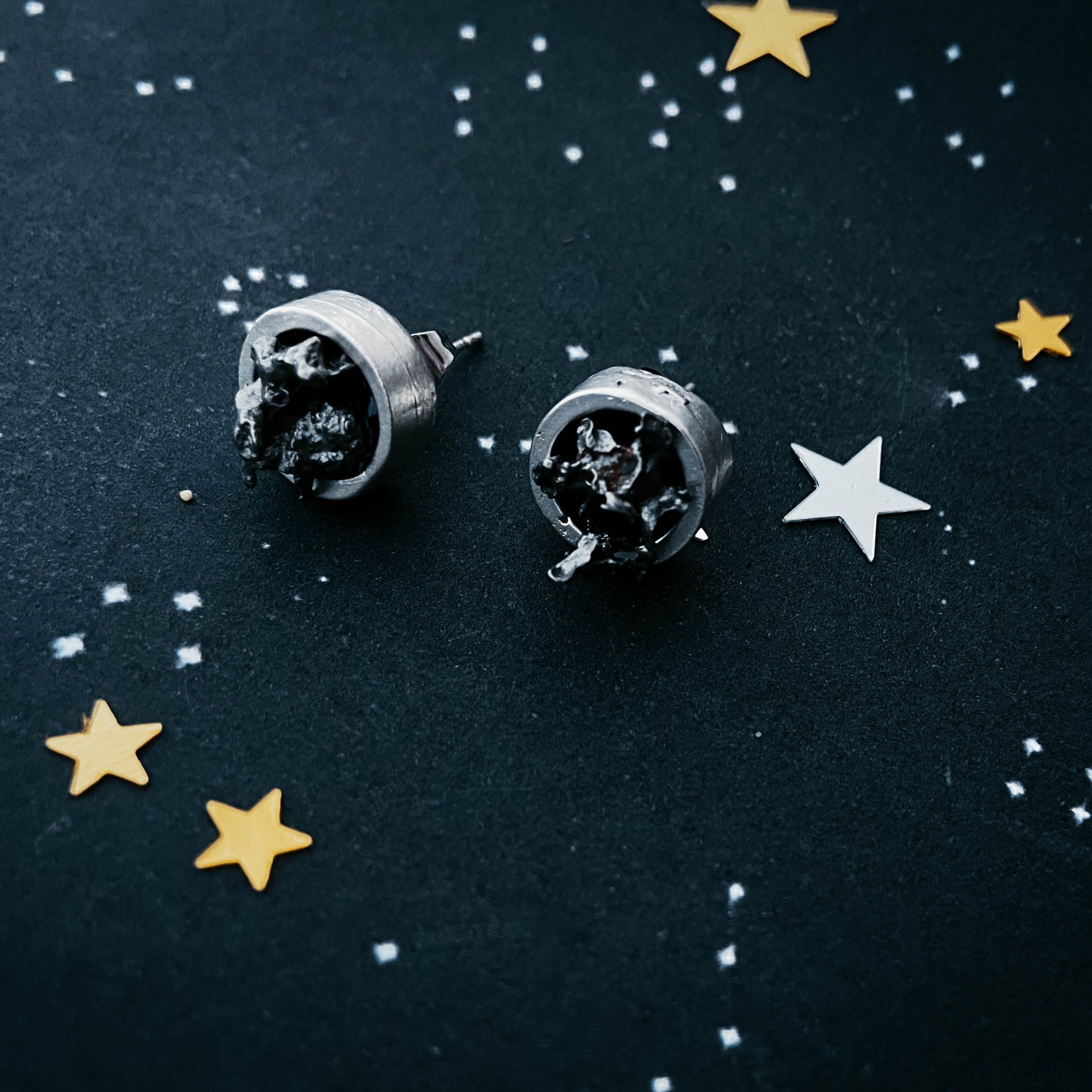 Small Round Raw Meteorite Dangle or Stud Earrings set in thick silver bezel, showcasing unique cosmic stones.