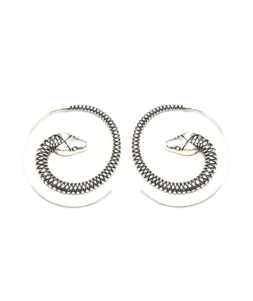 A pair of handmade spiral snake earrings in gold and silver, showcasing intricate design and craftsmanship, perfect for animal lovers.