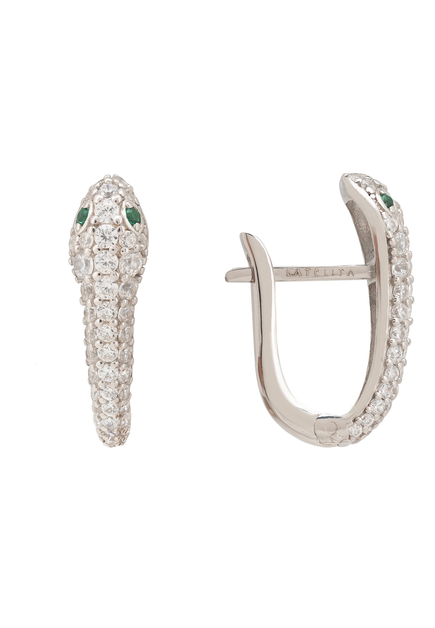 A pair of elegant silver snake huggie hoop earrings adorned with sparkling white zirconia and green zircon eyes.
