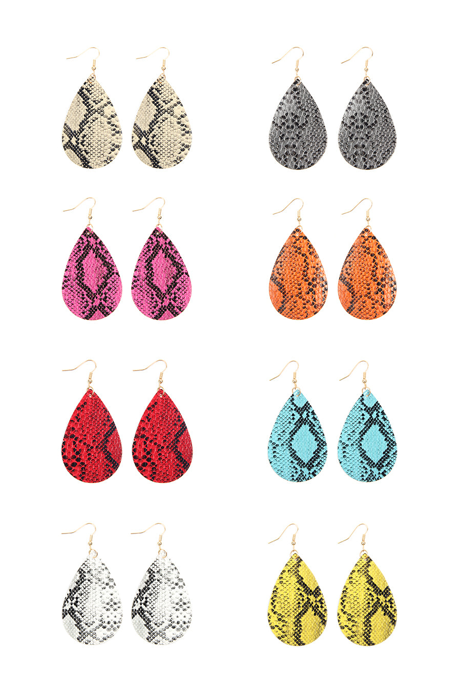 A pair of stylish snake skin leather teardrop dangle earrings in various colors, showcasing their elegant design and texture.