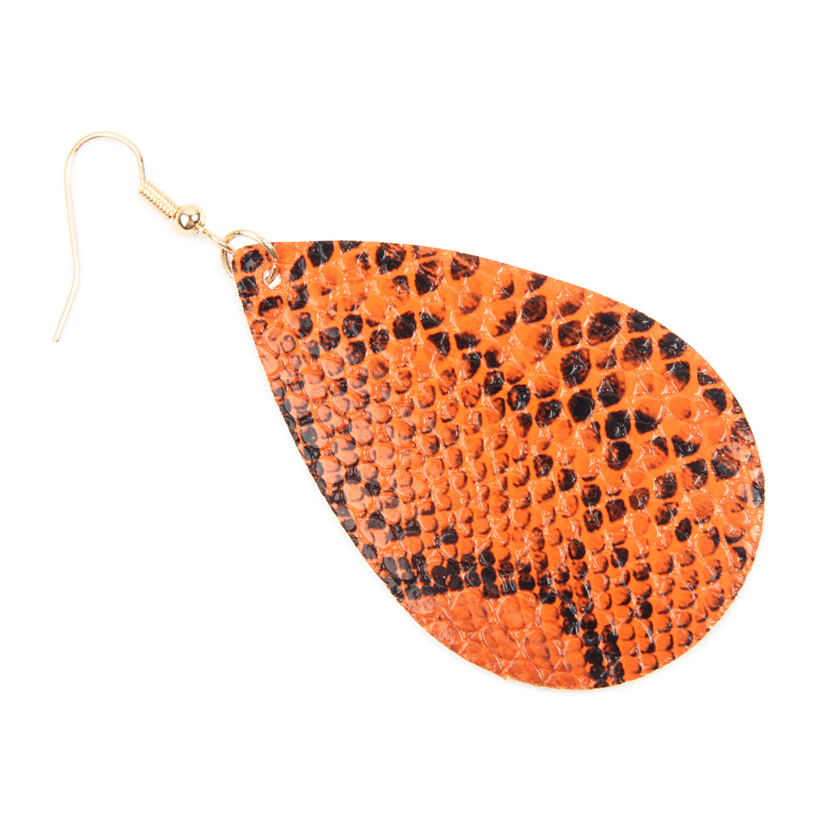 A pair of stylish snake skin leather teardrop dangle earrings in various colors, showcasing their elegant design and texture.