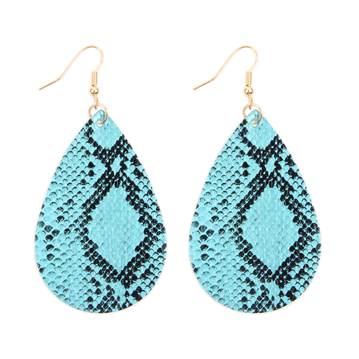 A pair of stylish snake skin leather teardrop dangle earrings in various colors, showcasing their elegant design and texture.