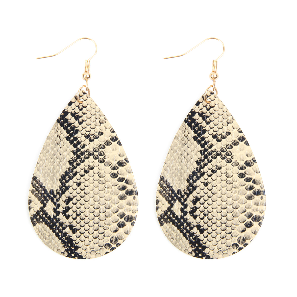 A pair of stylish snake skin leather teardrop dangle earrings in various colors, showcasing their elegant design and texture.