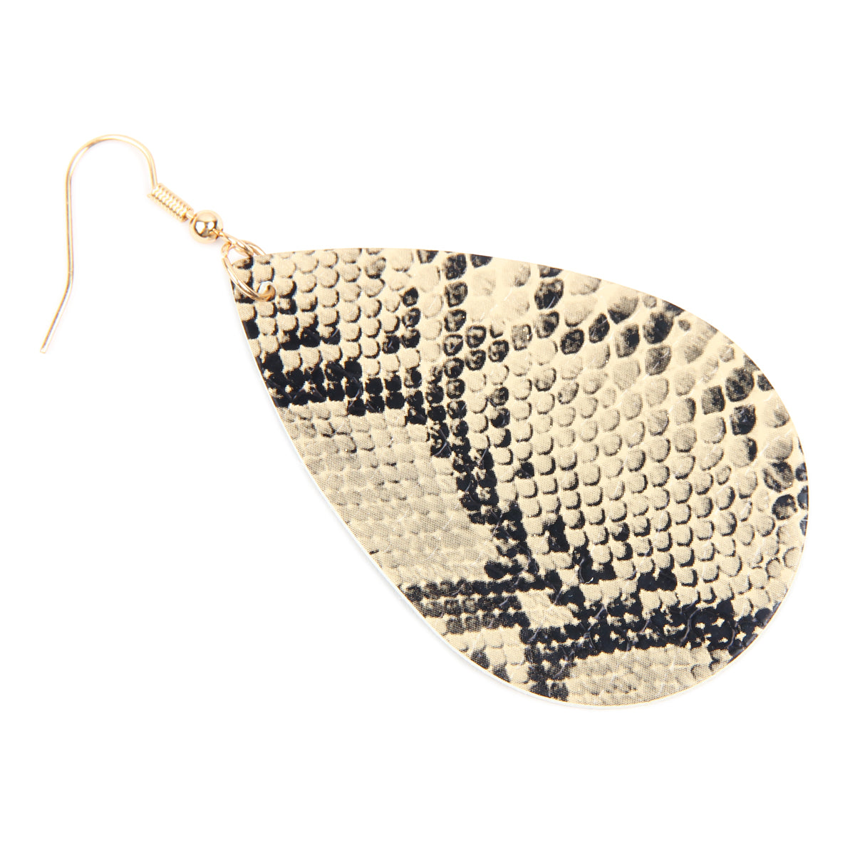 A pair of stylish snake skin leather teardrop dangle earrings in various colors, showcasing their elegant design and texture.